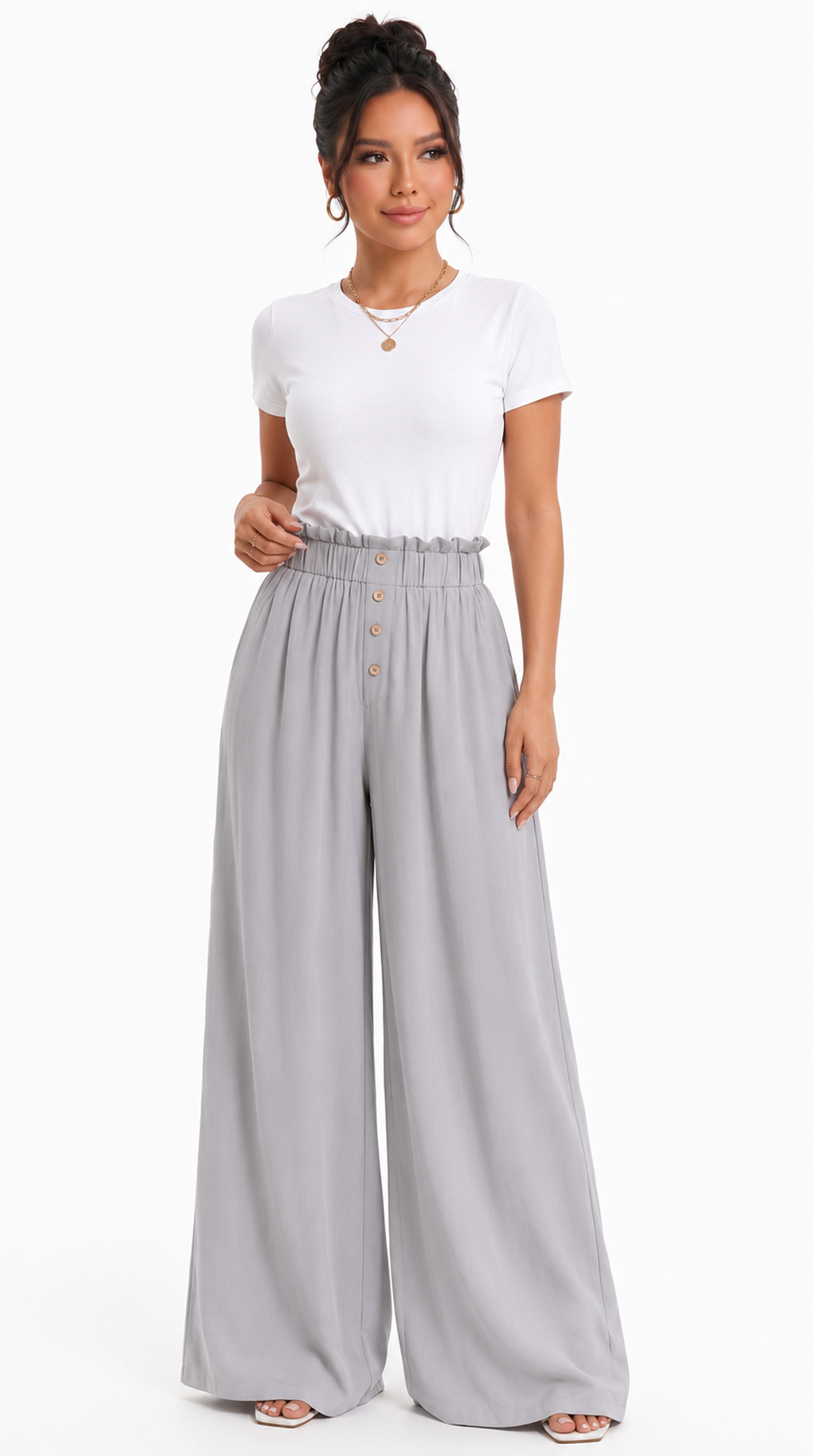 Woman wearing a white top and gray wide-leg pants on a white background, sexy loss pants from Meleche Fashion USA or Meléche (short as (Mé))