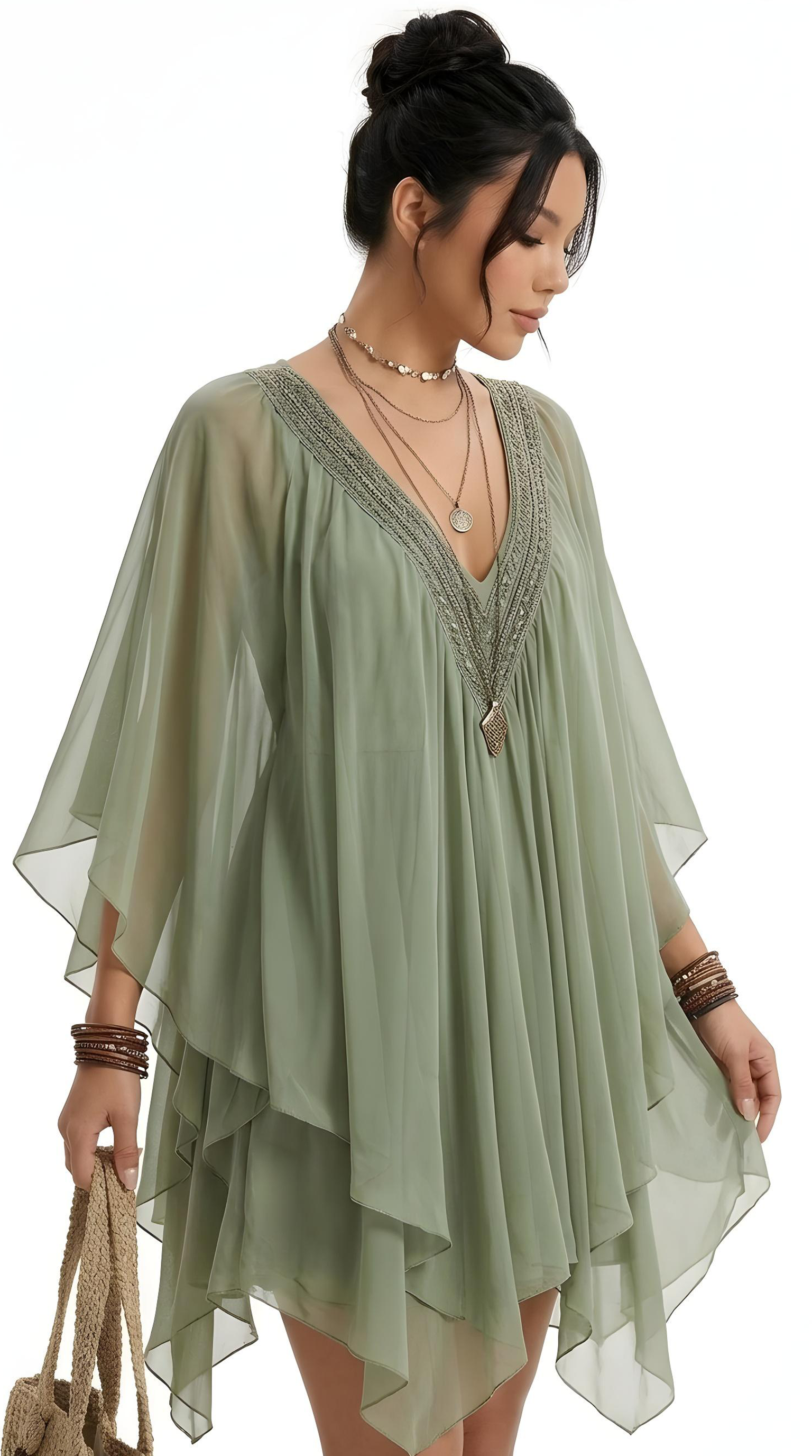 Woman wearing a green dress with embroidery on a white background