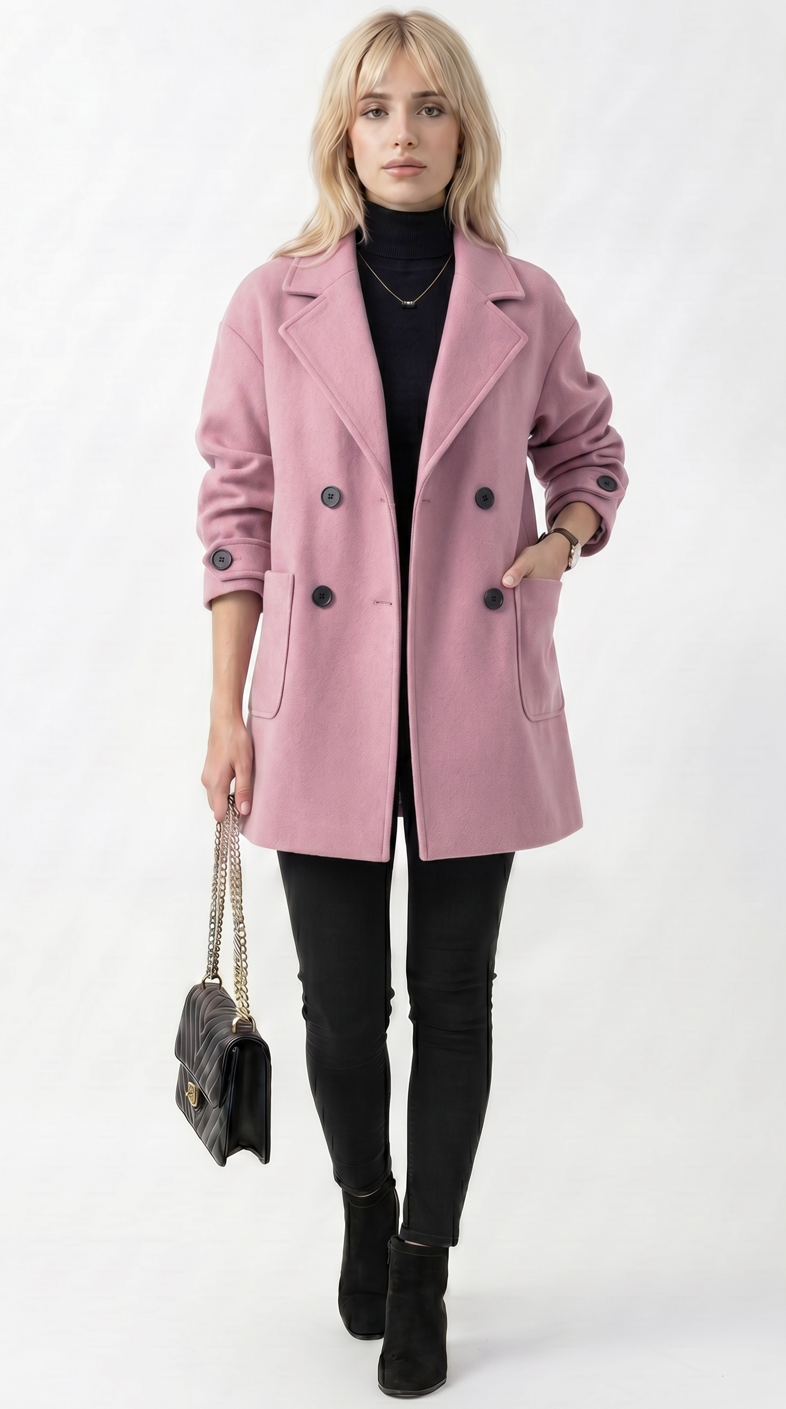 Woman wearing a pink coat on a white background from Meleche USA or Meléche (short as (Mé))