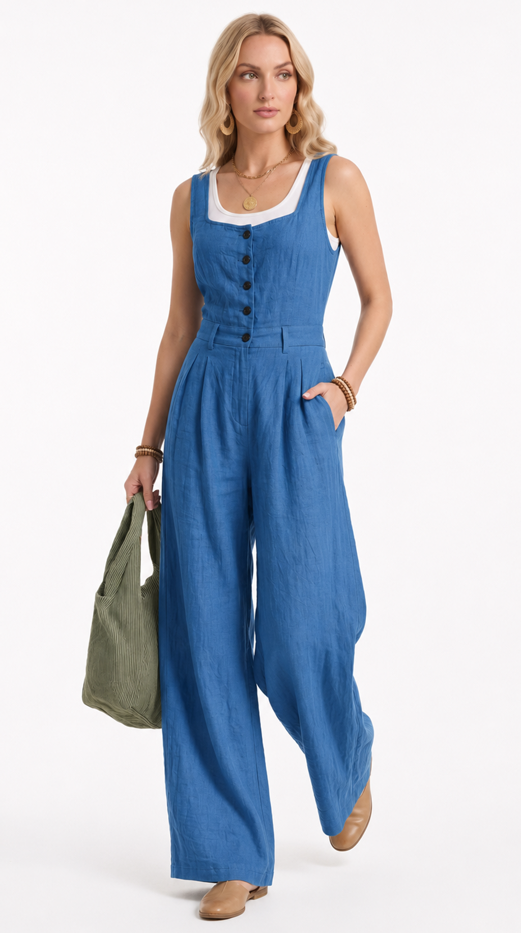 A woman modeling a blue wide-leg jumpsuit with a white inner neckline and front buttons, holding an olive green tote bag against a plain white background.