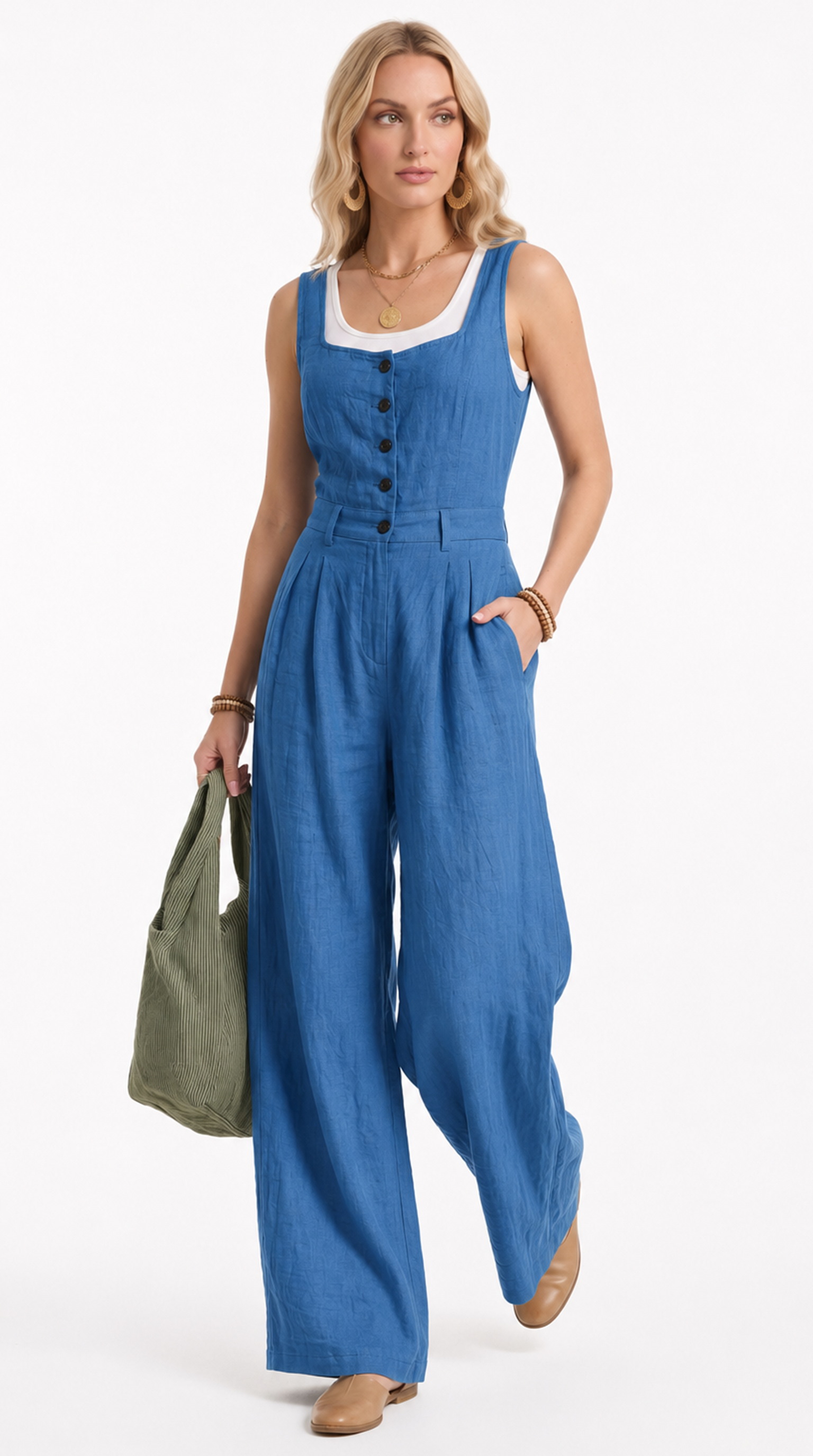 A woman modeling a blue wide-leg jumpsuit with a white inner neckline and front buttons, holding an olive green tote bag against a plain white background.