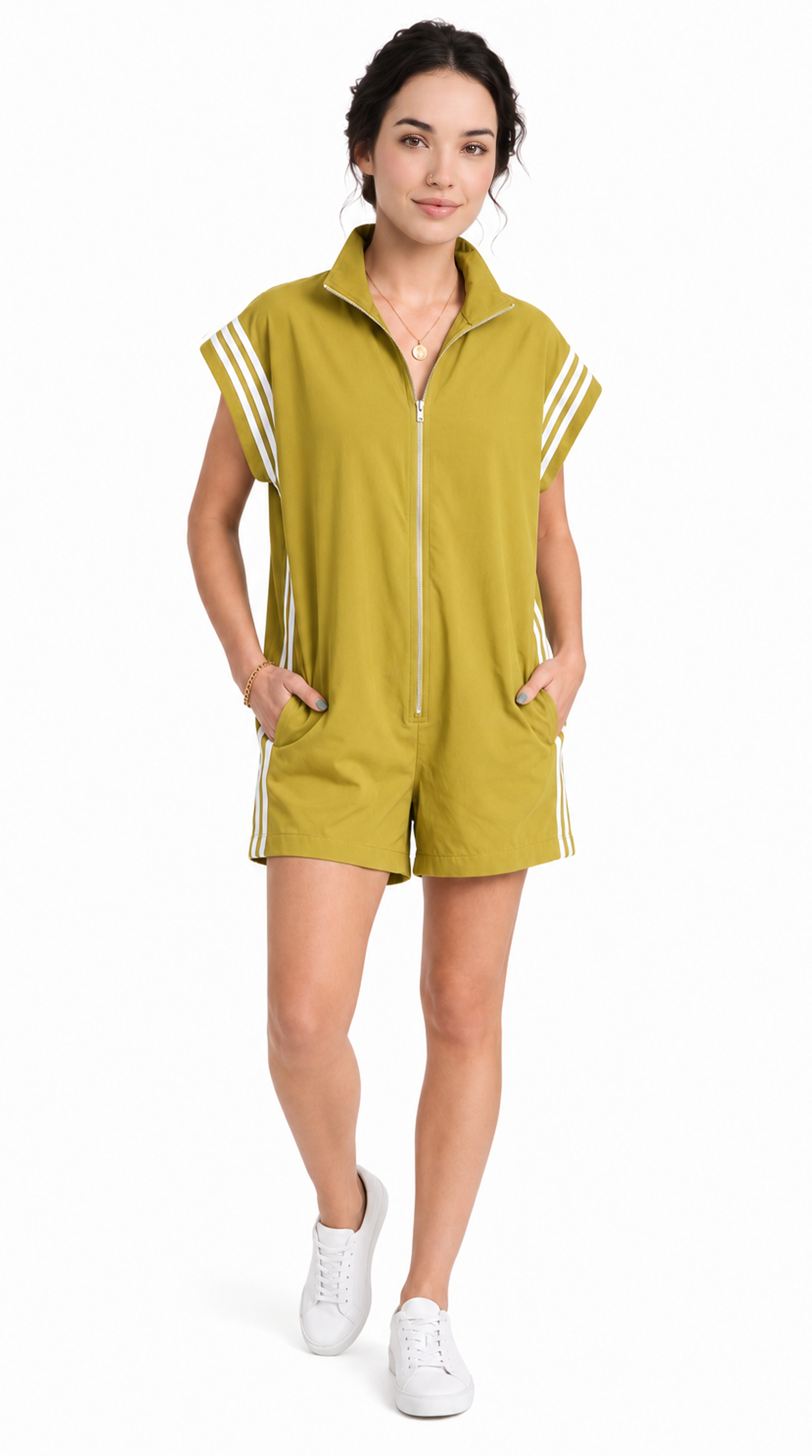 Woman wearing a green sleeveless zip-up romper with white stripes on a white background, from Meleche Fashion USA or Meléche (short as (Mé))
