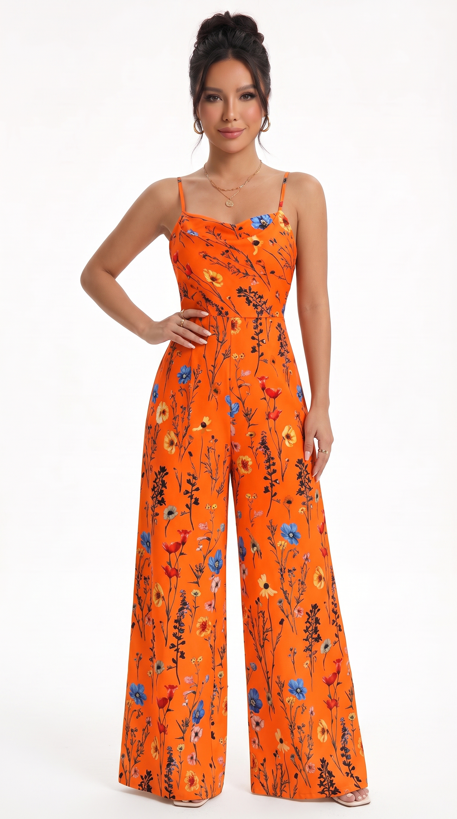 Woman wearing an orange floral jumpsuit on a white background, from Meleche Fashion USA or Meléche (short as (Mé))