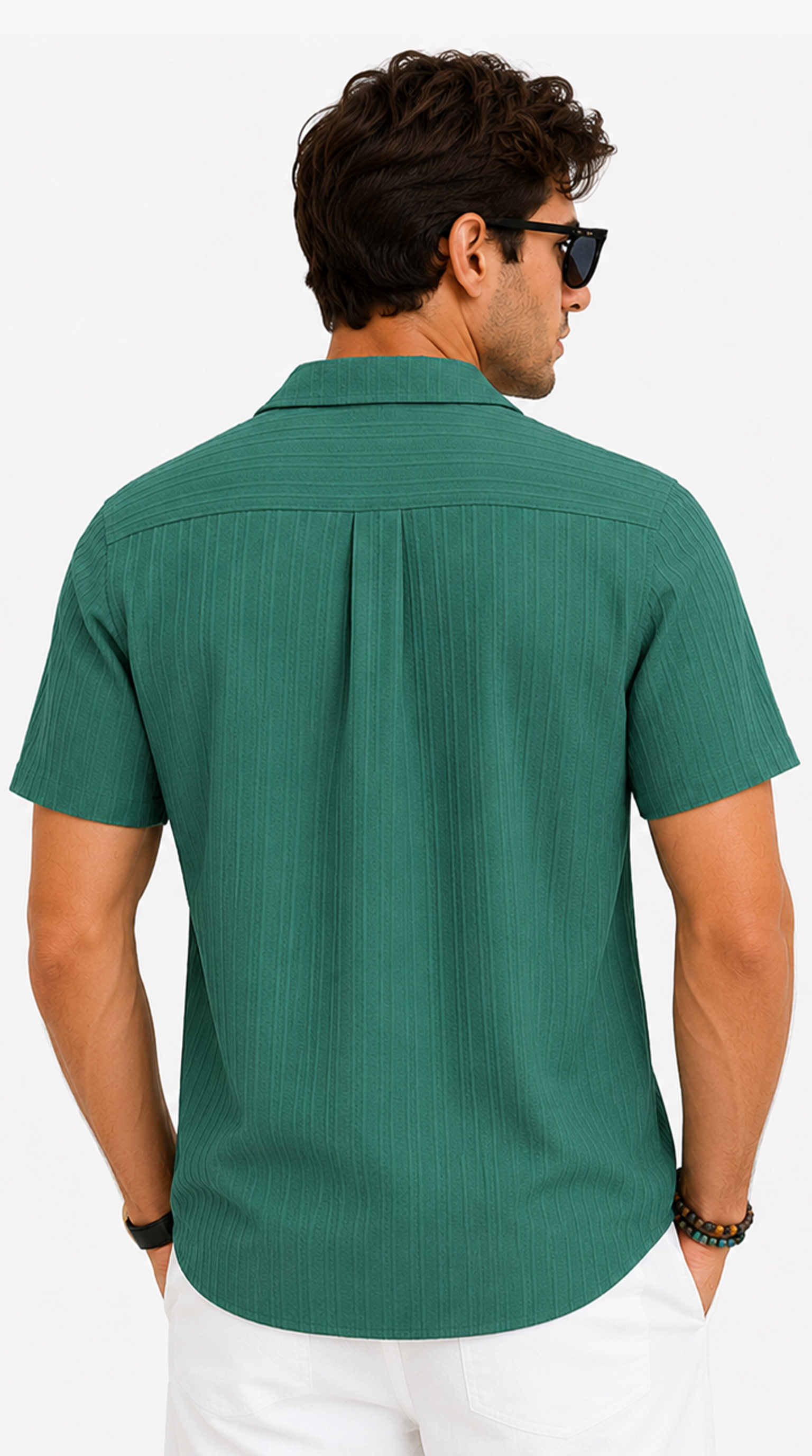 Man wearing a green short-sleeve shirt on a white background, Tristan shirt 2027 from Meleche Fashion USA or Meléche (short as (Mé))