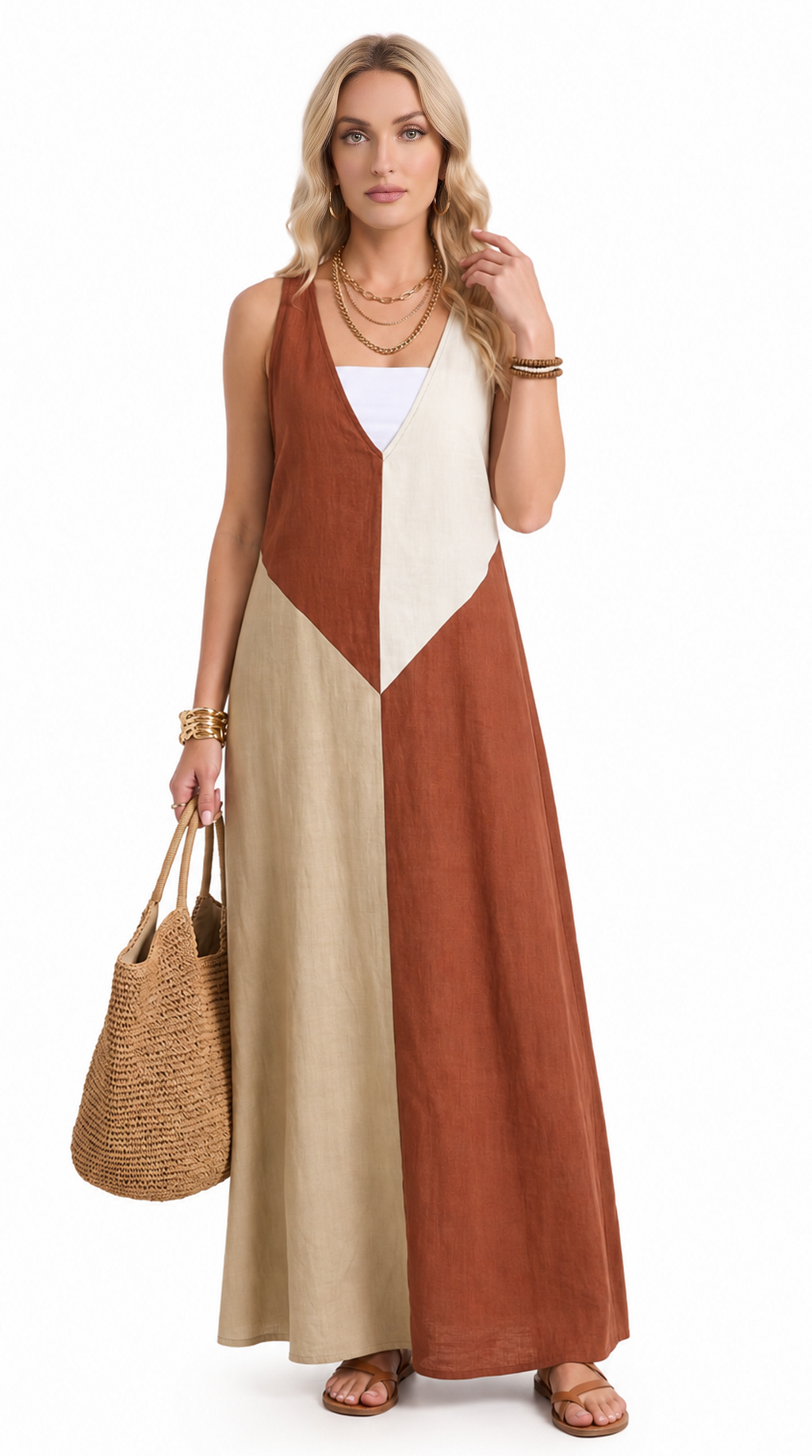 Woman wearing a long, color-blocked dress with a white background, from Meleche Fashion USA or Meléche (short as (Mé))