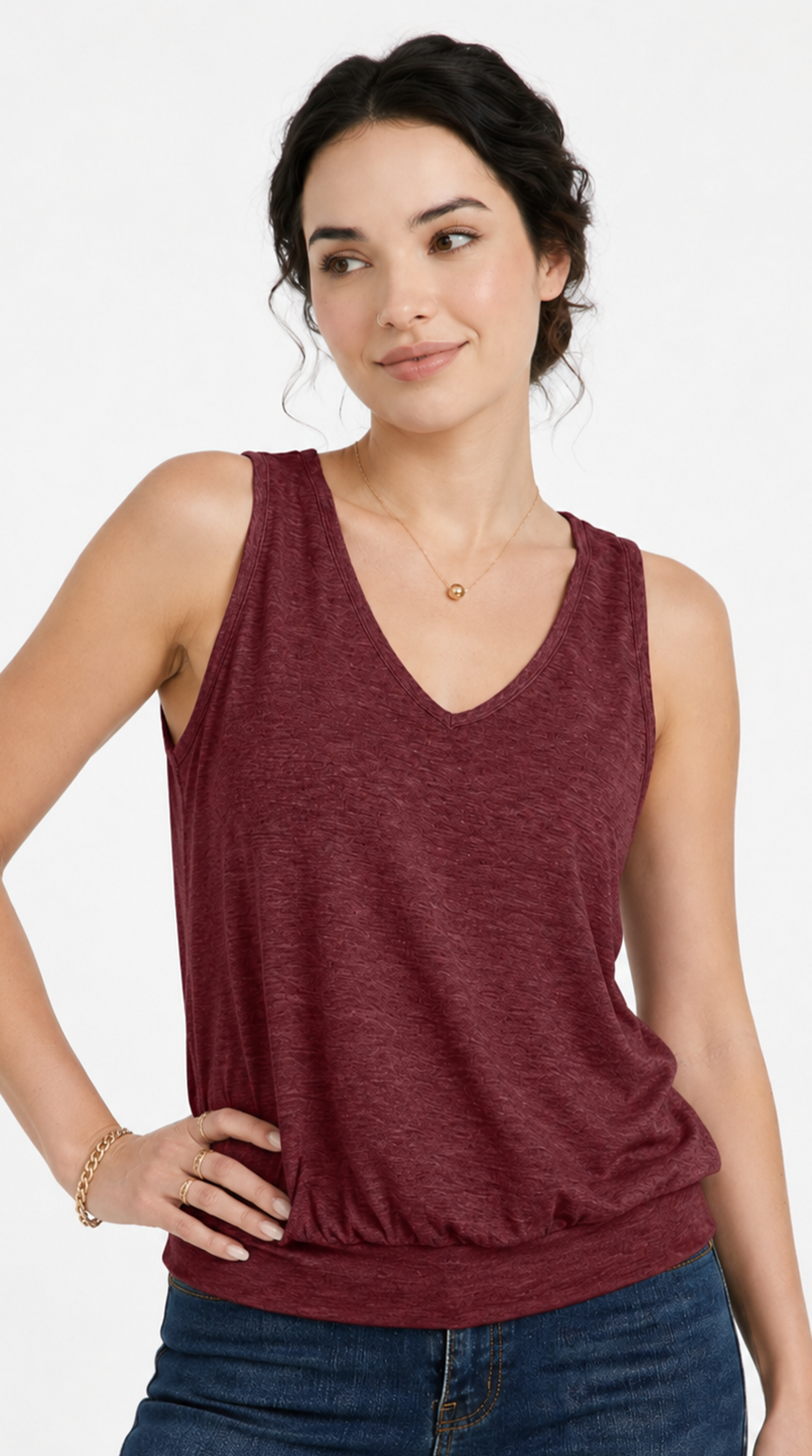 Woman wearing a maroon tank top on a white background, from Meleche Fashion USA or Meléche (short as (Mé))