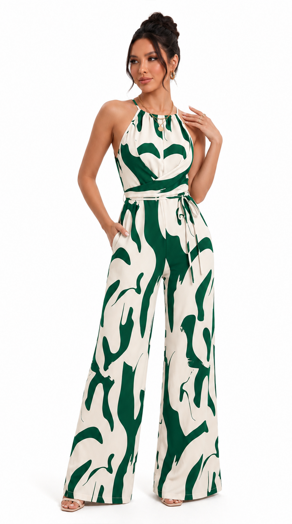 Woman wearing a green and white patterned jumpsuit on a white background, from Meleche Fashion USA or Meléche (short as (Mé))