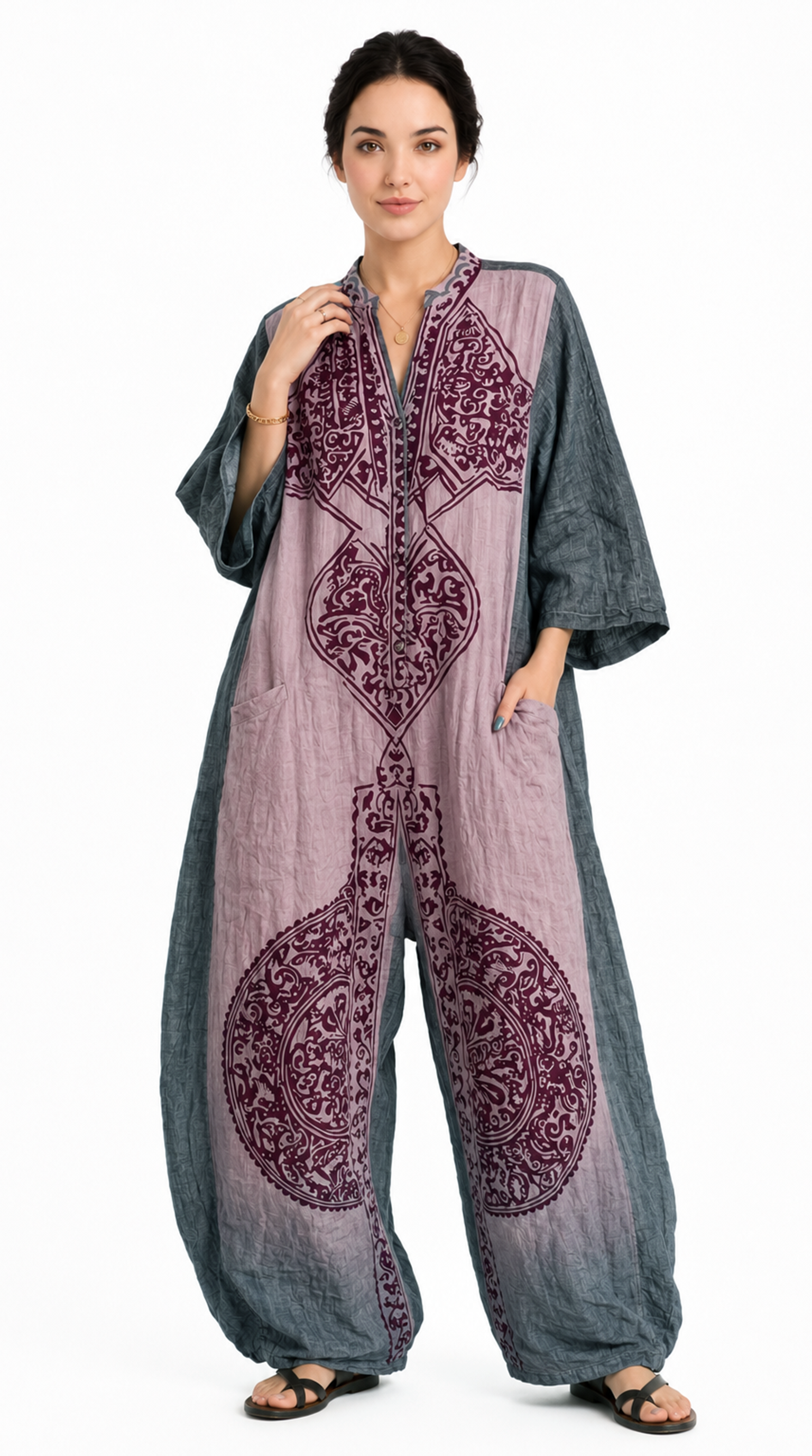 Woman wearing a gray and purple embroidered outfit on a white background, from Meleche Fashion USA or Meléche (short as (Mé))