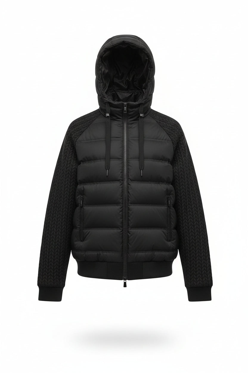 Black puffer jacket on a hanger against an orange interior background