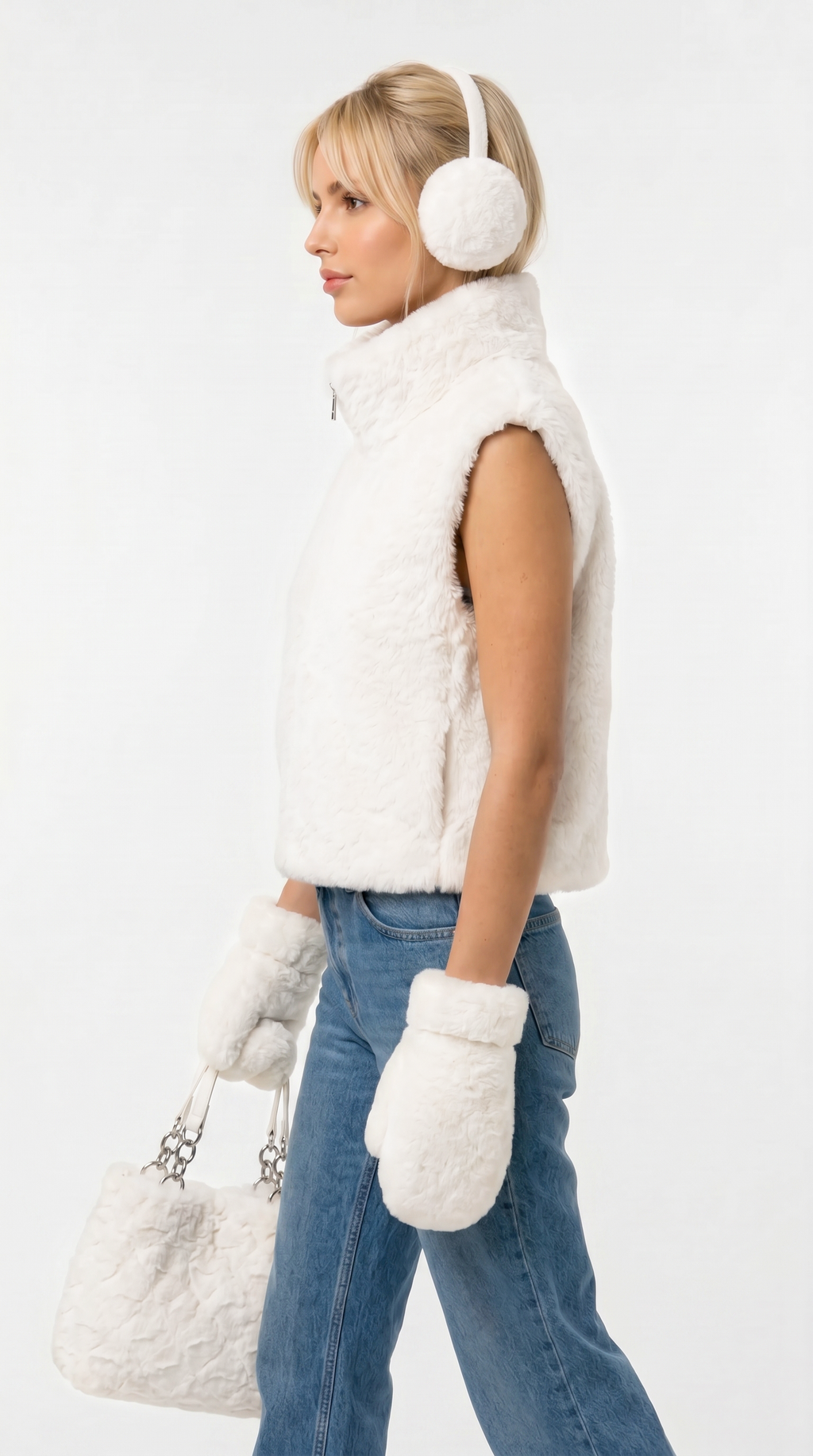 Woman wearing a white puffer vest, blue jeans, and white ear muffs on a white background from Meleche Fashion USA or Meléche (short as (Mé))
