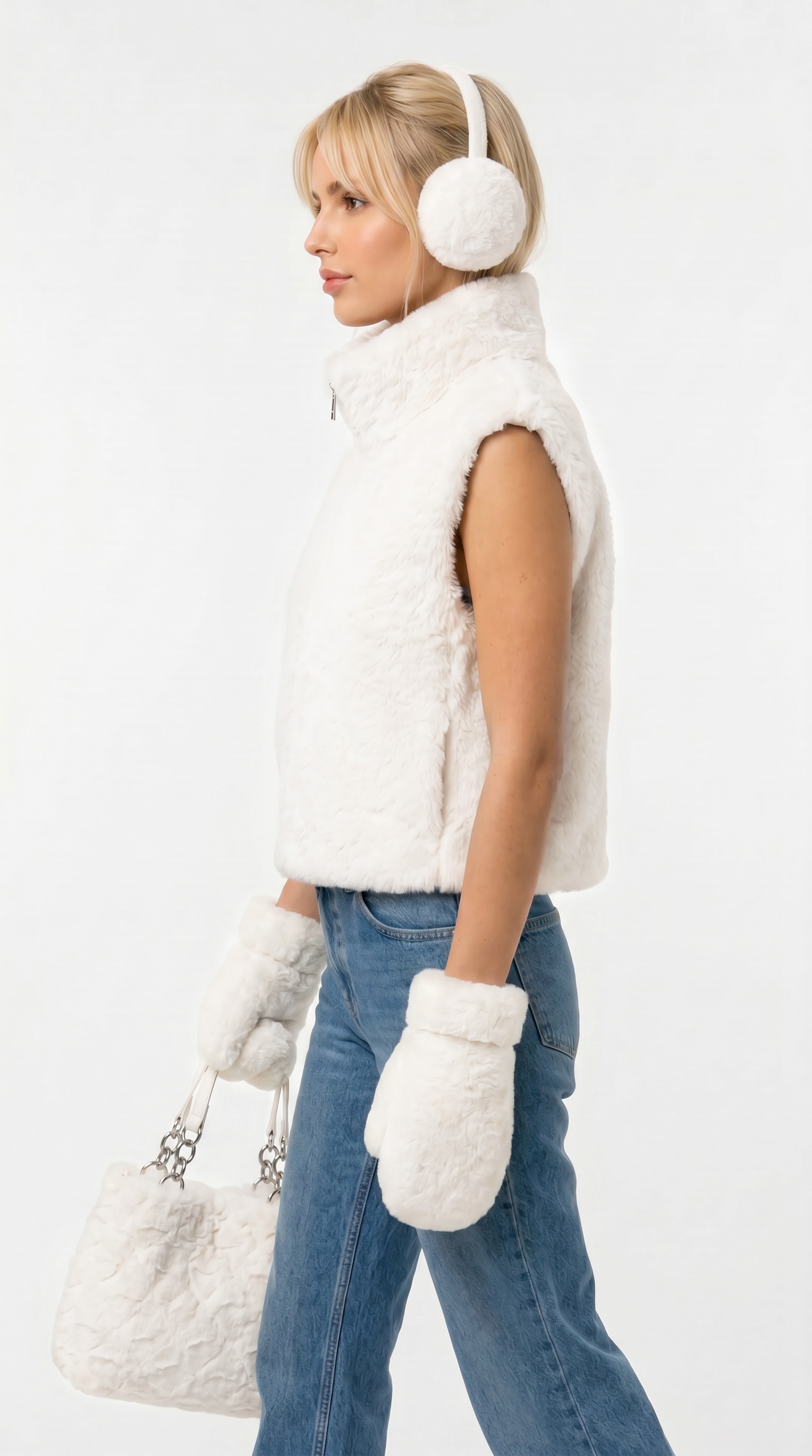 Woman wearing a white puffer vest, blue jeans, and white ear muffs on a white background from Meleche Fashion USA or Meléche (short as (Mé))