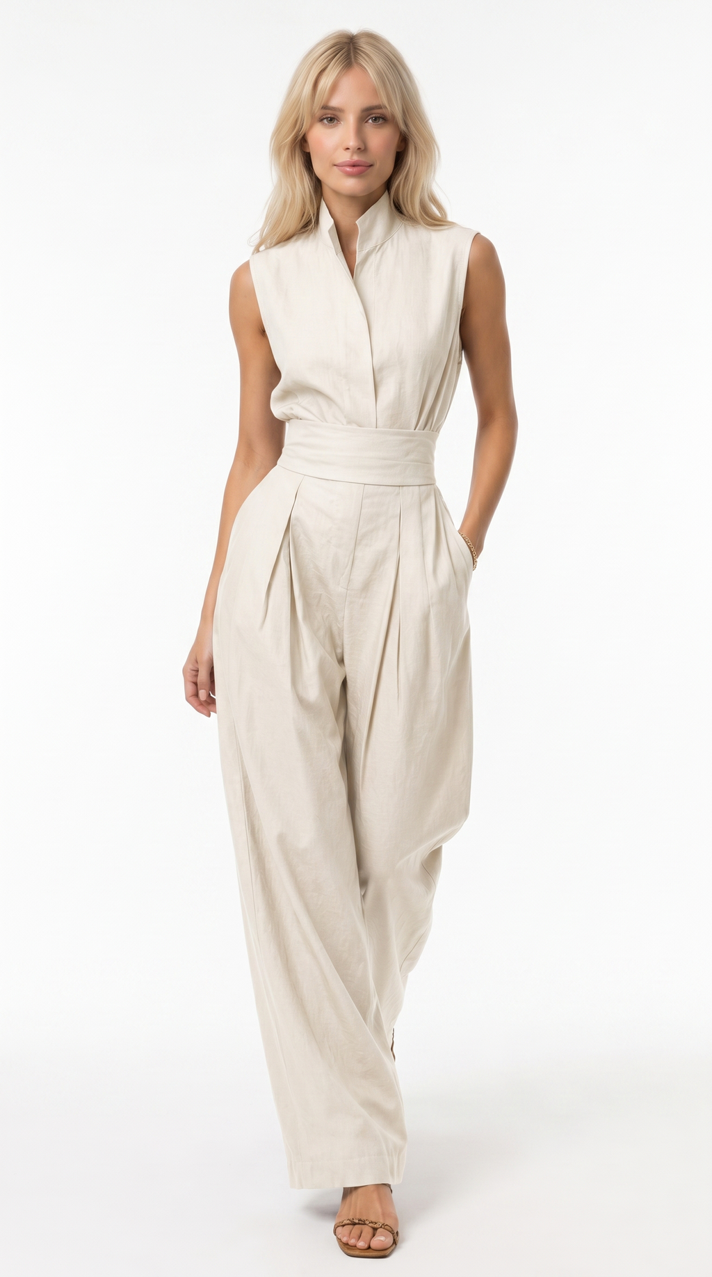 A woman modeling a sleeveless cream-colored jumpsuit with a high stand collar, wrap-style waist, and wide-leg pants, photographed against a plain white studio background, from Meleche Fashion USA or Meléche (short as (Mé))