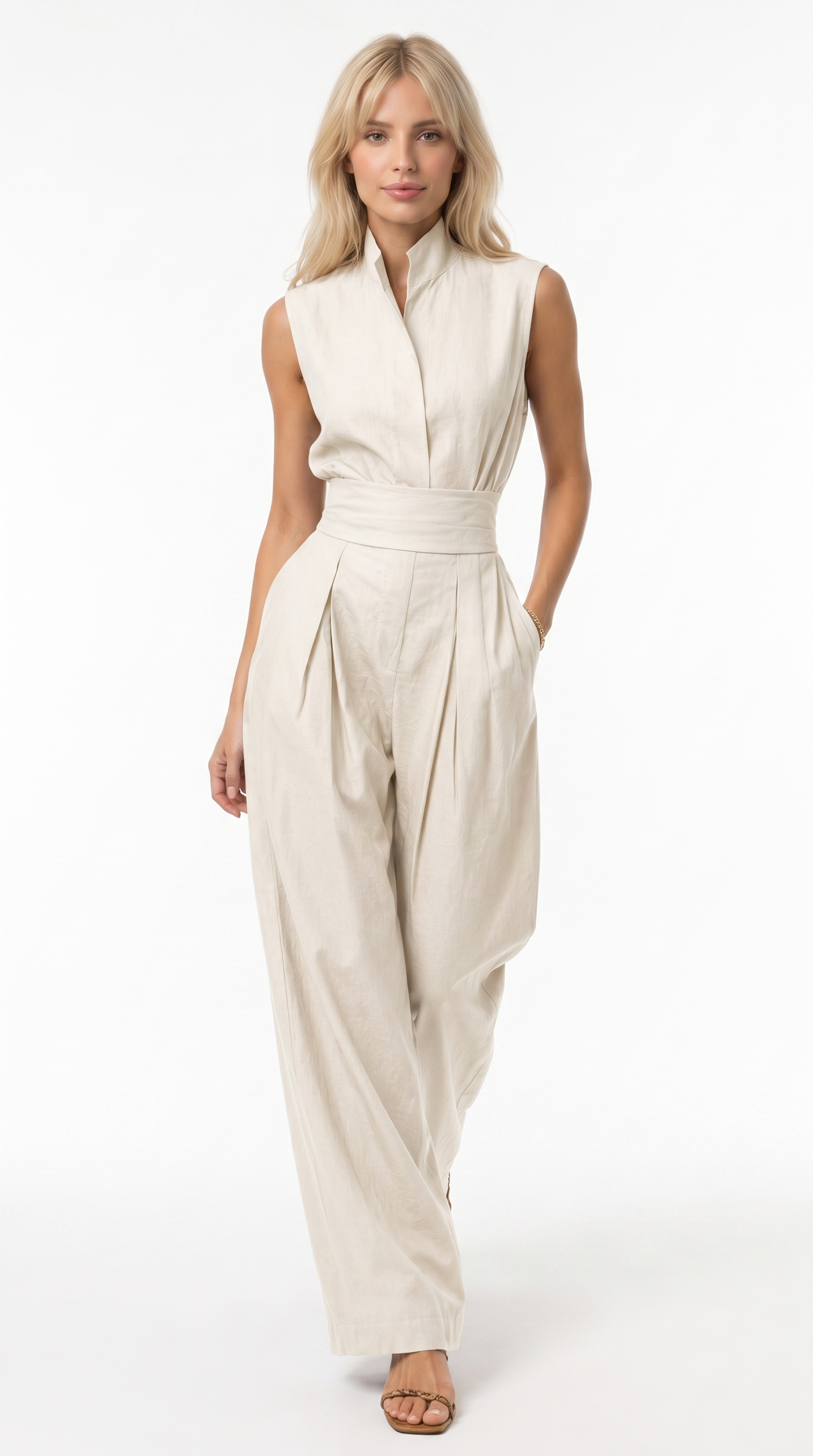 A woman modeling a sleeveless cream-colored jumpsuit with a high stand collar, wrap-style waist, and wide-leg pants, photographed against a plain white studio background, from Meleche Fashion USA or Meléche (short as (Mé))