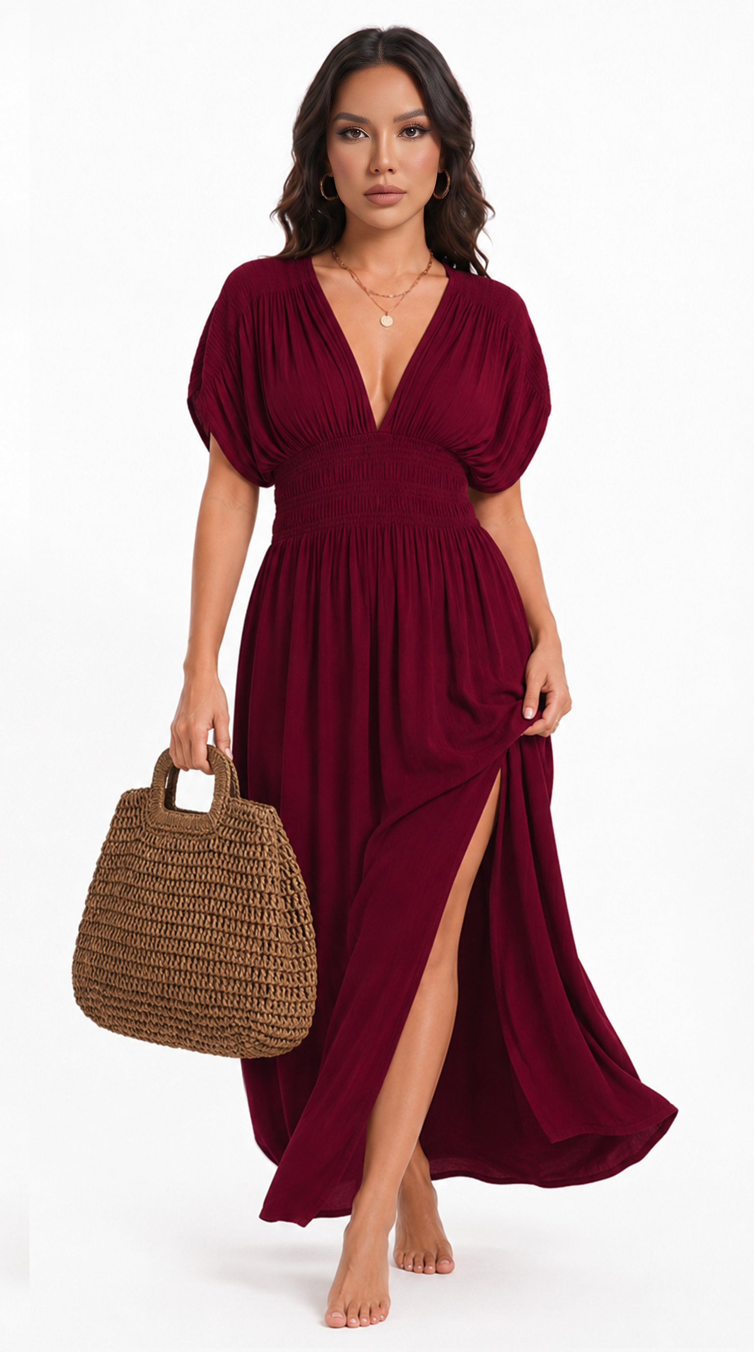 A woman modeling a flowing red dress with a deep V-neckline, short puff sleeves, and a gathered waist, set against a plain white studio background, from Meleche Fashion USA or Meléche (short as (Mé))