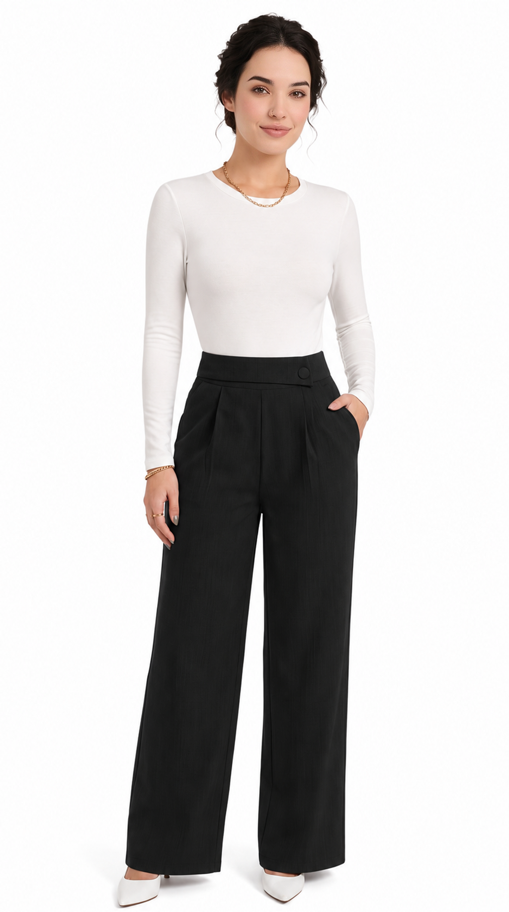 Woman wearing a white long-sleeve top and black wide-leg pants on a white background