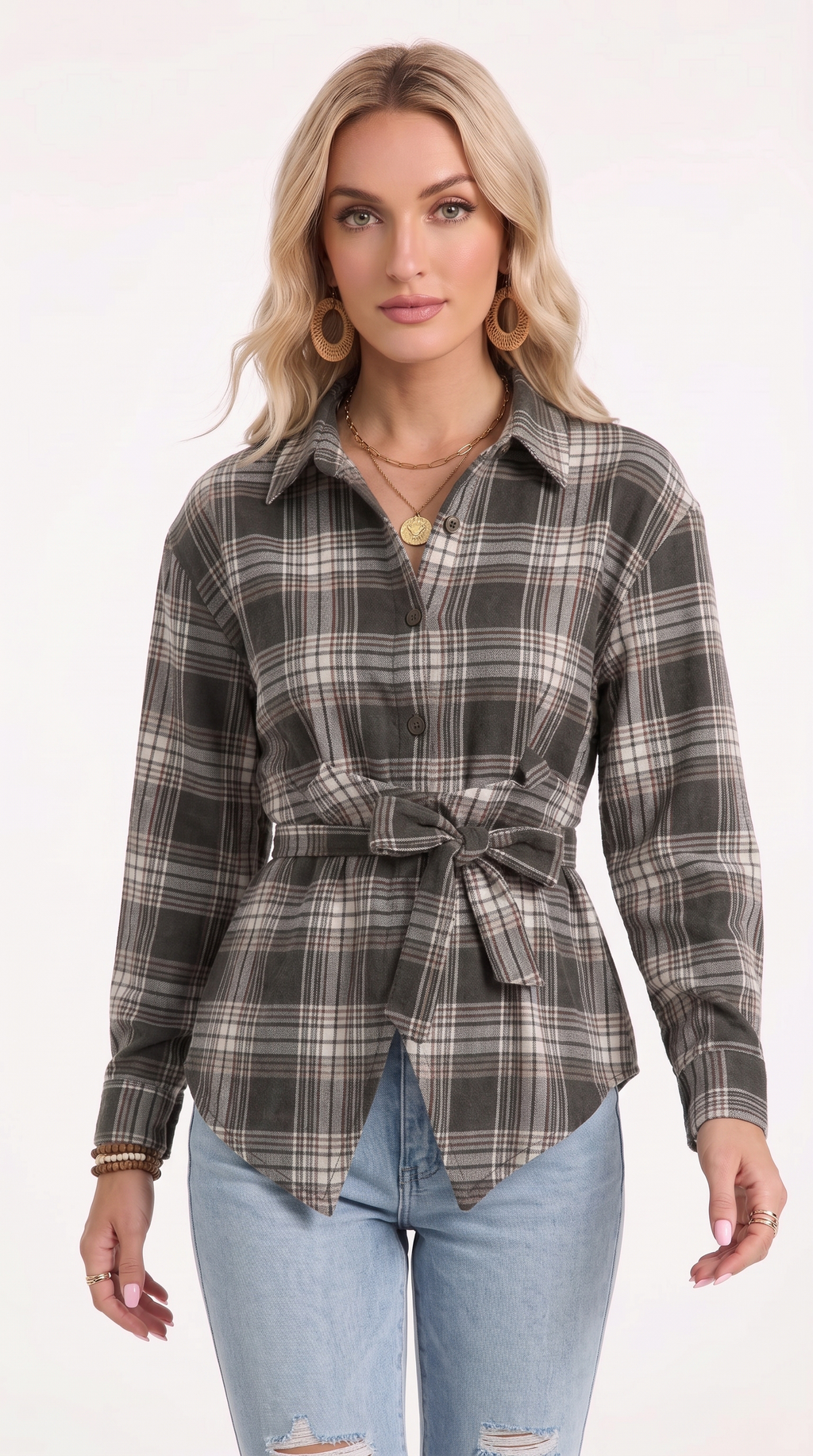 A woman modeling a long-sleeve plaid button-up shirt with a tie waist, paired with light blue jeans, against a plain white background, from Meleche Fashion USA or Meléche (short as (Mé))