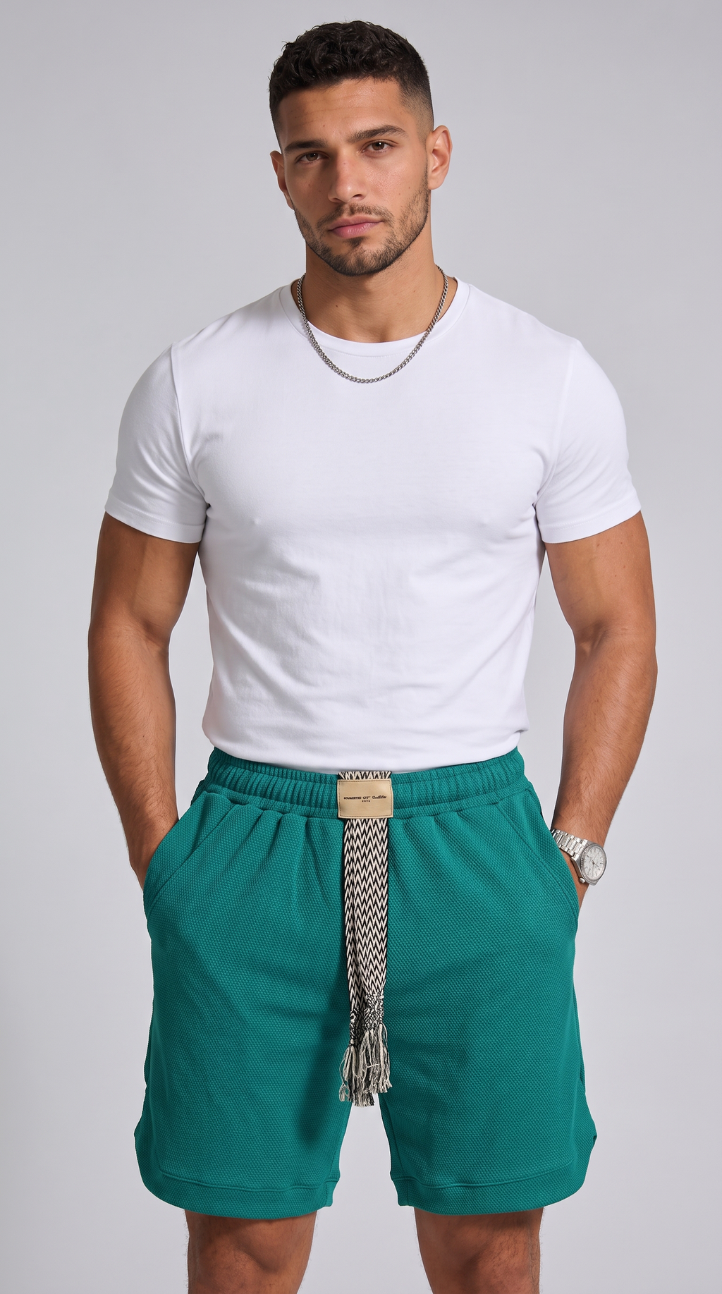 A man modeling a white crew-neck t-shirt and teal green drawstring shorts with a patterned belt, against a solid gray studio background, from Meleche Fashion USA or Meléche (short as (Mé))