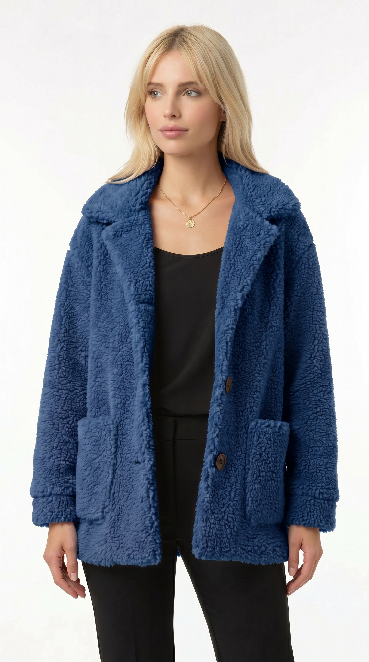 Woman wearing a blue textured coat on a white background from Meleche Fashion USA or Meléche (short as (Mé))