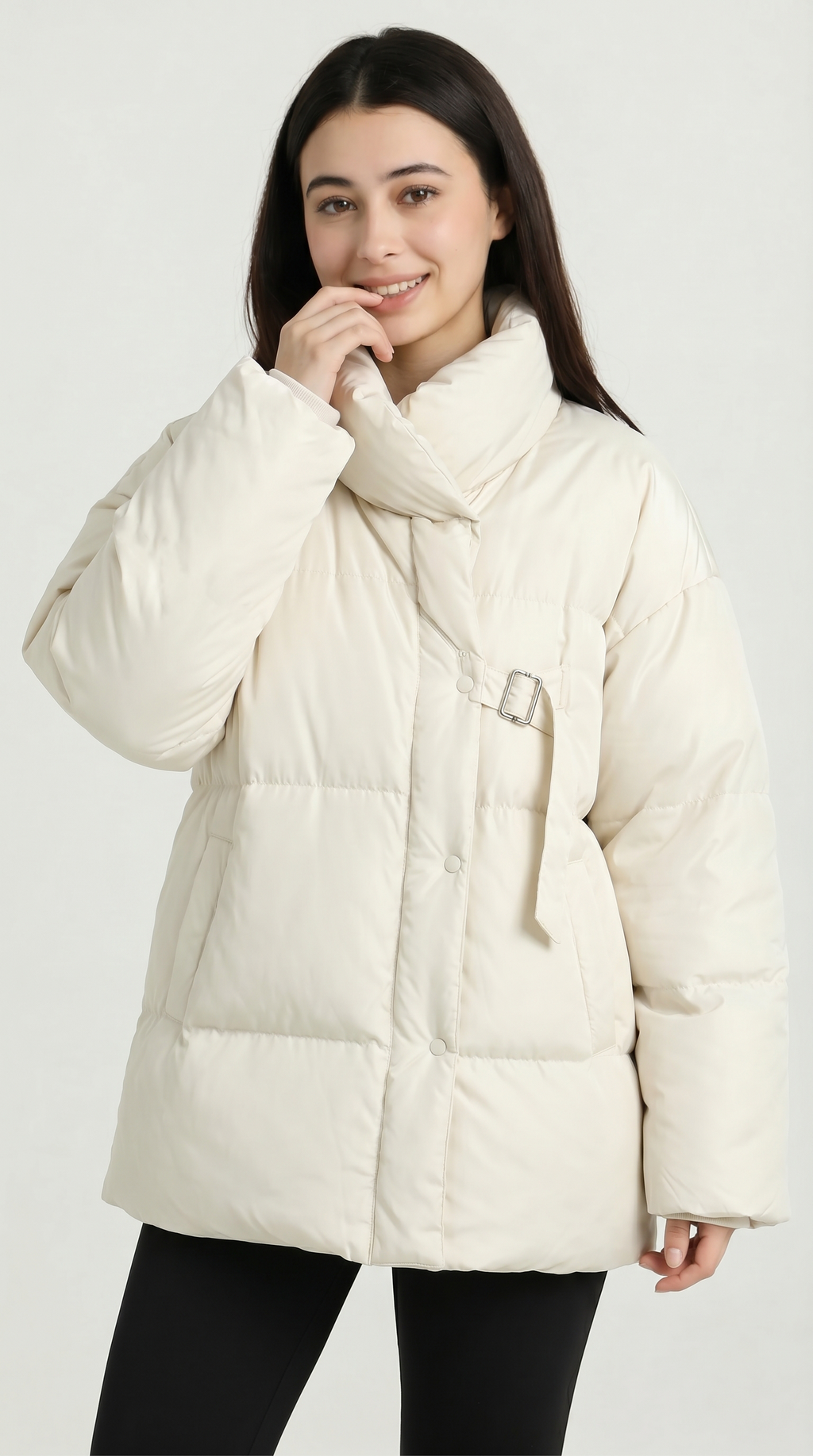 Woman wearing a white puffer jacket on a white background from Meleche  USA or Meléche (short as (Mé))