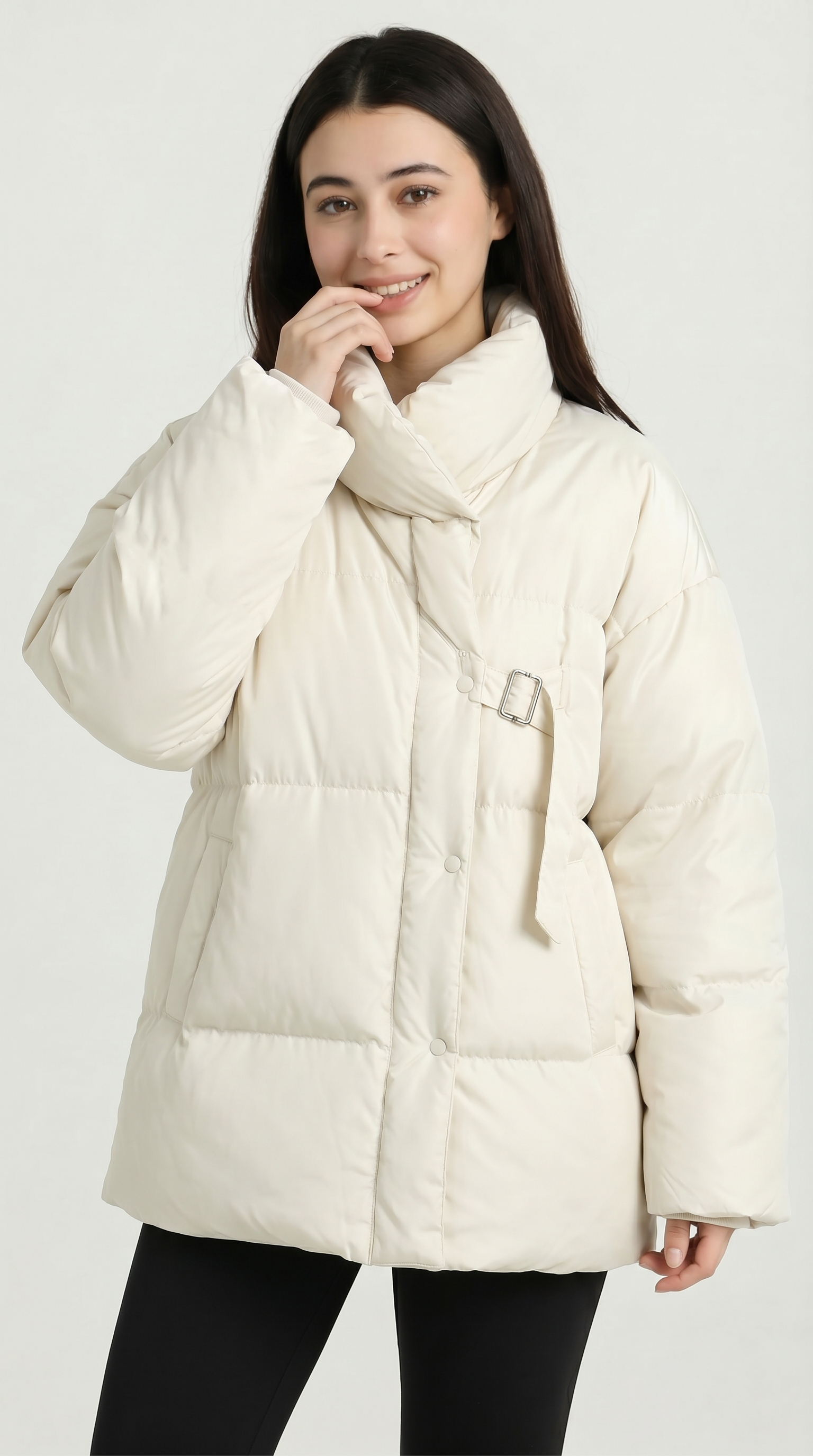 Woman wearing a white puffer jacket on a white background from Meleche  USA or Meléche (short as (Mé))