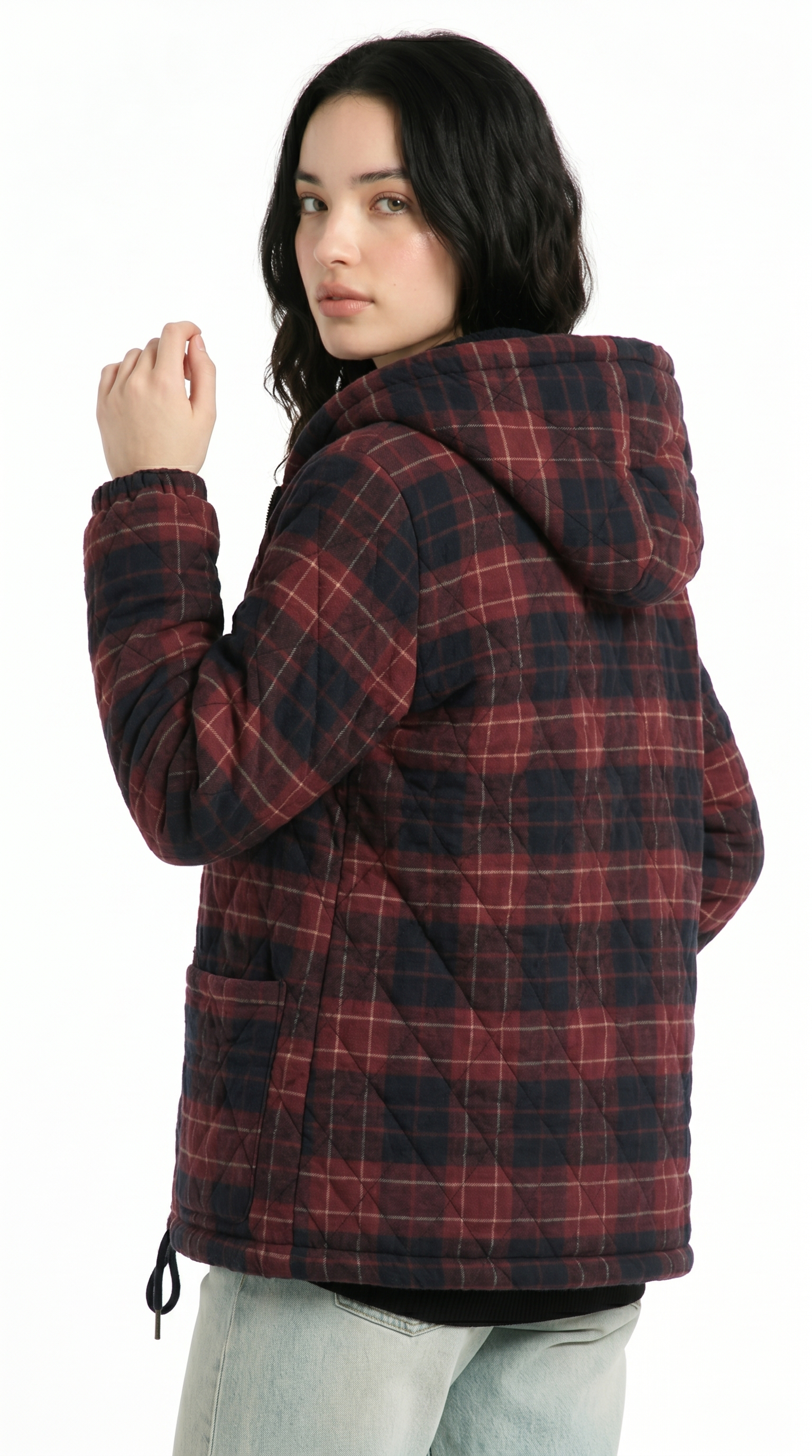Woman wearing a red and black plaid jacket on a white background from Meleche USA or Meléche (short as (Mé))