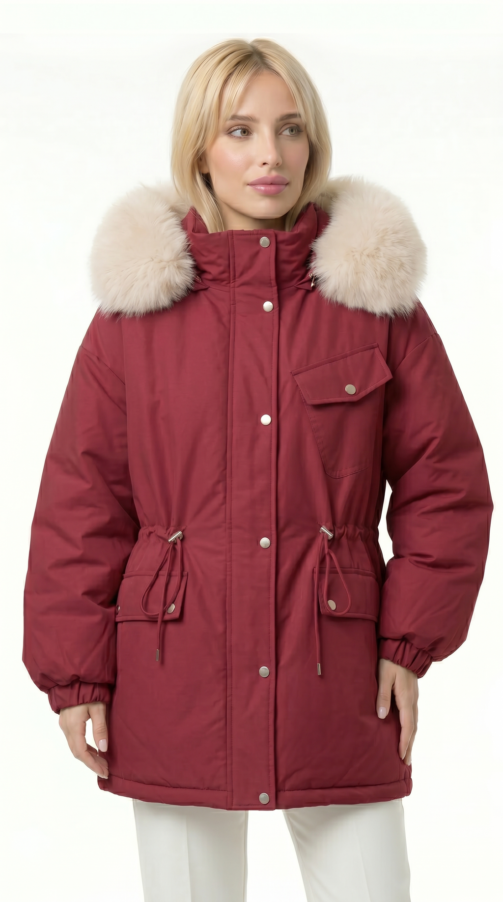 Woman wearing a red parka with fur hood on a white background from Meleche or Meléche USA (short as (Mé))