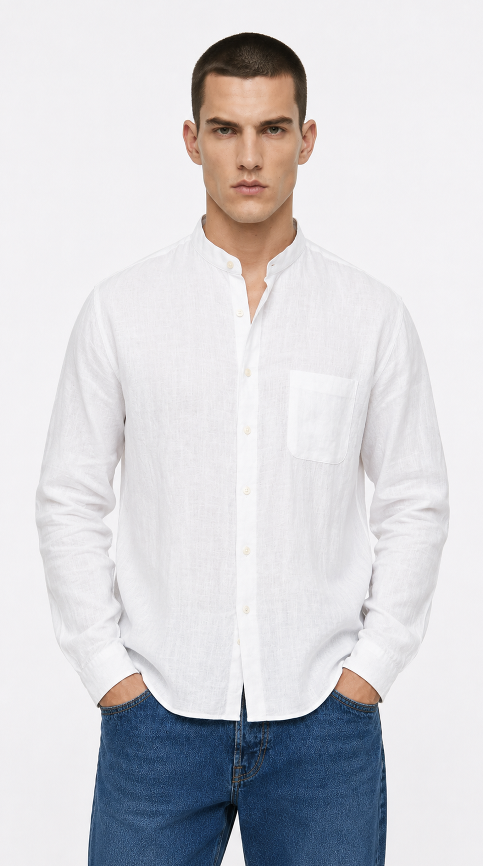 Man wearing a white button-up shirt against a white background, from Meleche Fashion USA or Meléche (short as (Mé))