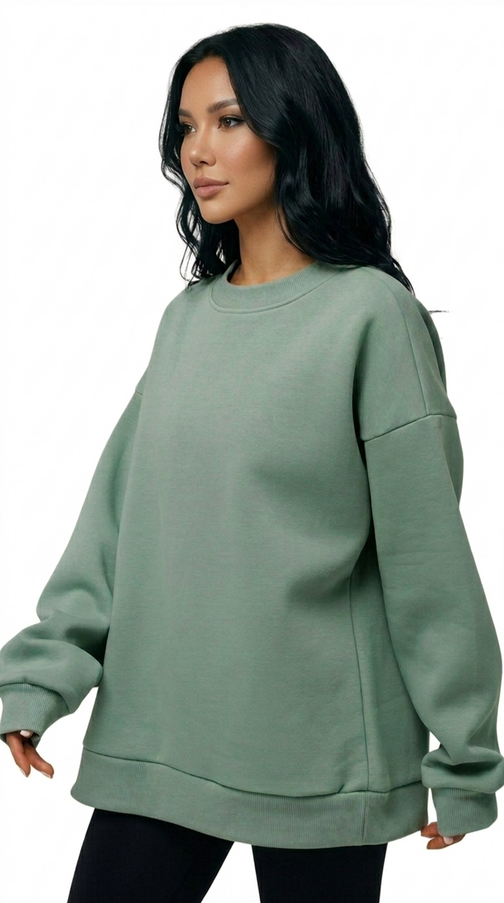 Woman wearing a green sweatshirt on a white background from Meleche Fashion USA or Meléche (short as (Mé))