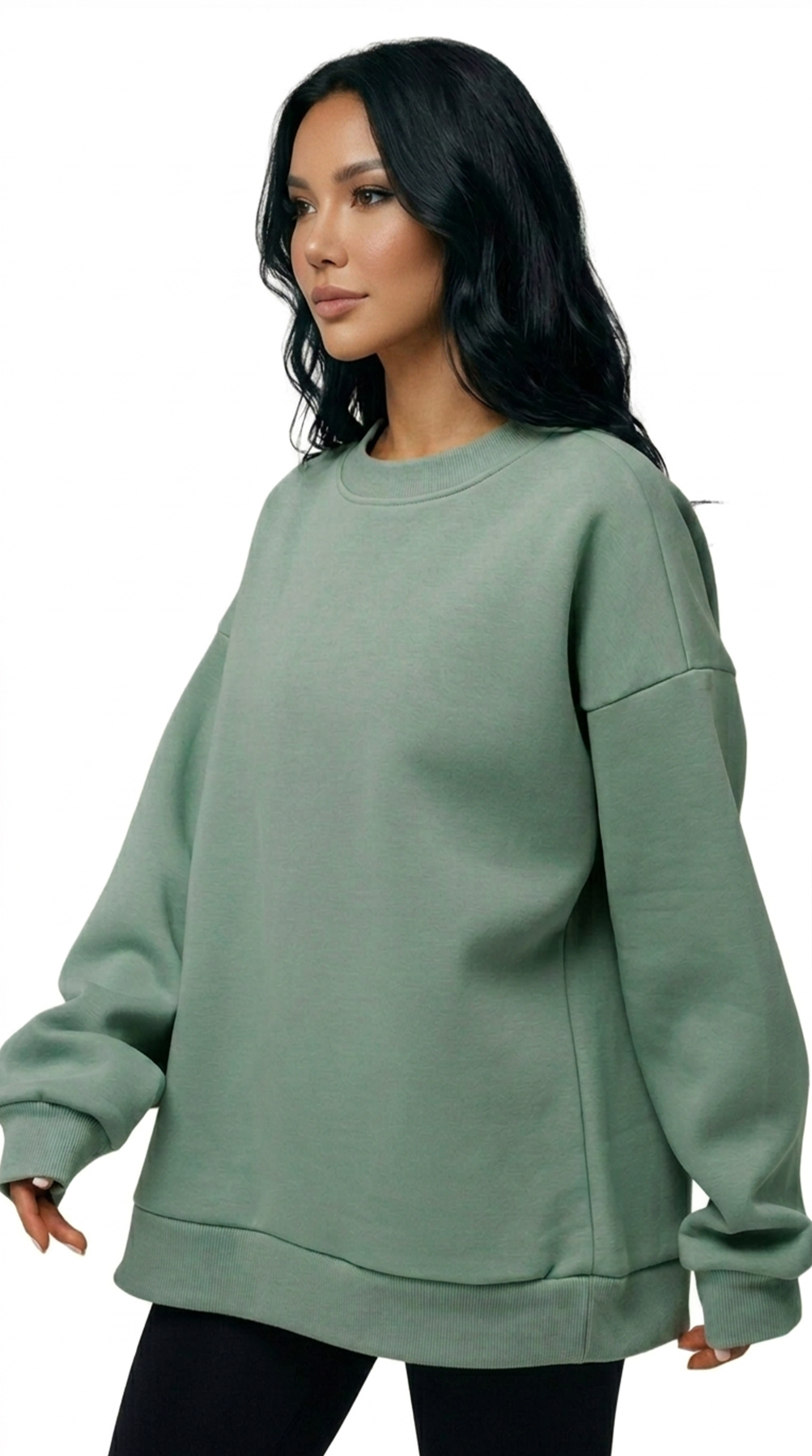 Woman wearing a green sweatshirt on a white background from Meleche Fashion USA or Meléche (short as (Mé))