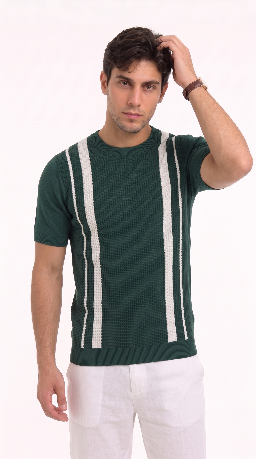 A man wearing a dark green short-sleeve knit sweater with two vertical white stripes on the chest, paired with white pants, against a plain white background, from Meleche Fashion USA or Meléche (short as (Mé))