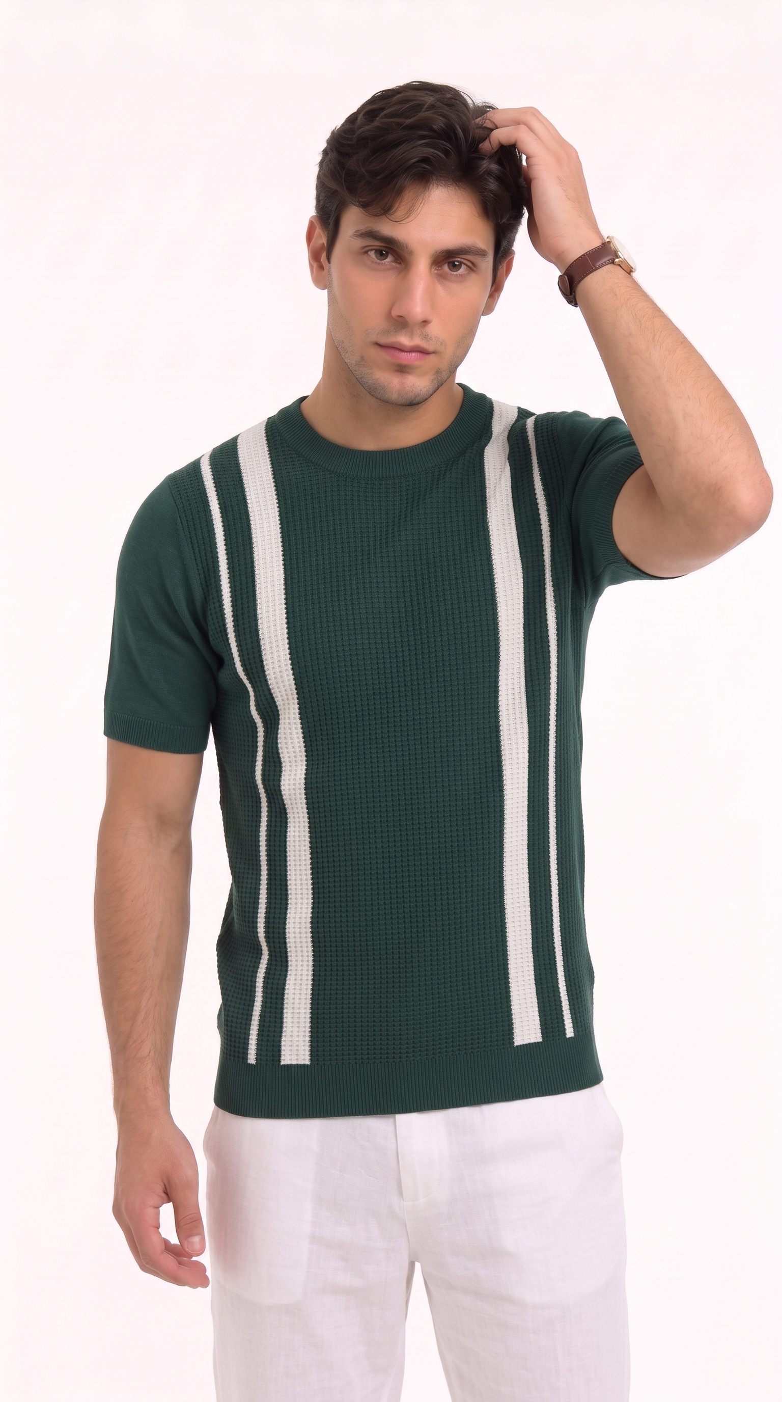 A man wearing a dark green short-sleeve knit sweater with two vertical white stripes on the chest, paired with white pants, against a plain white background, from Meleche Fashion USA or Meléche (short as (Mé))