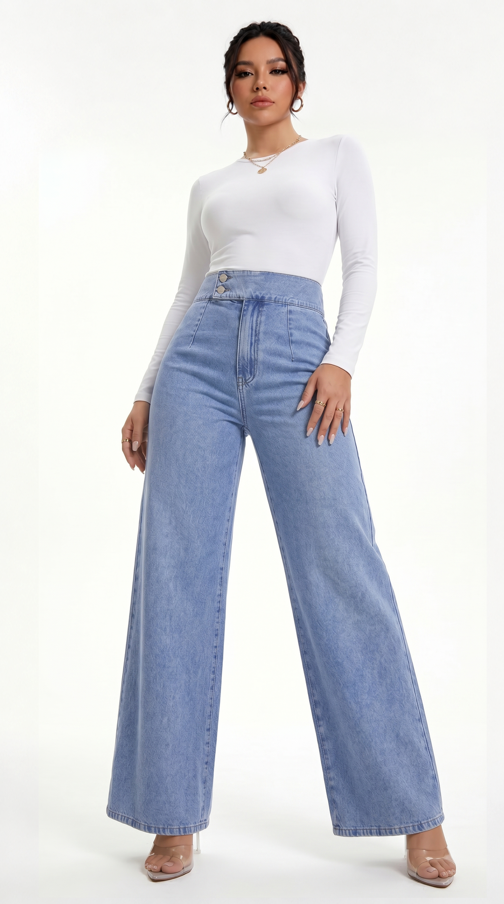 Woman wearing light blue high-waisted jeans and a white long-sleeve top on a white background, Straight Leg jeans from Meleche Fashion USA or Meléche (short as (Mé))