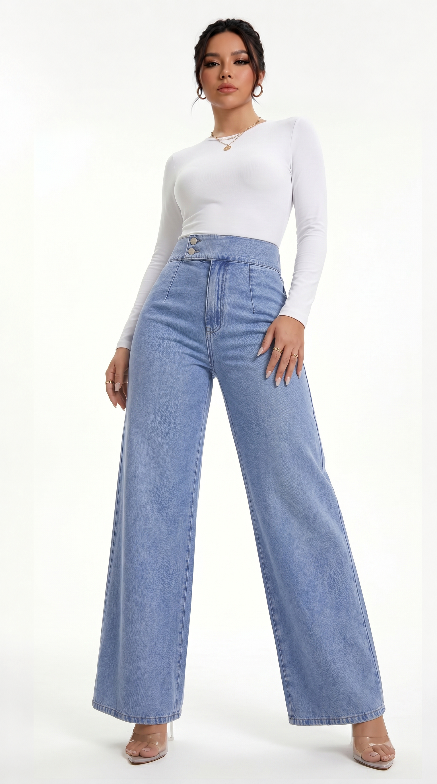 Woman wearing light blue high-waisted jeans and a white long-sleeve top on a white background, Straight Leg jeans from Meleche Fashion USA or Meléche (short as (Mé))