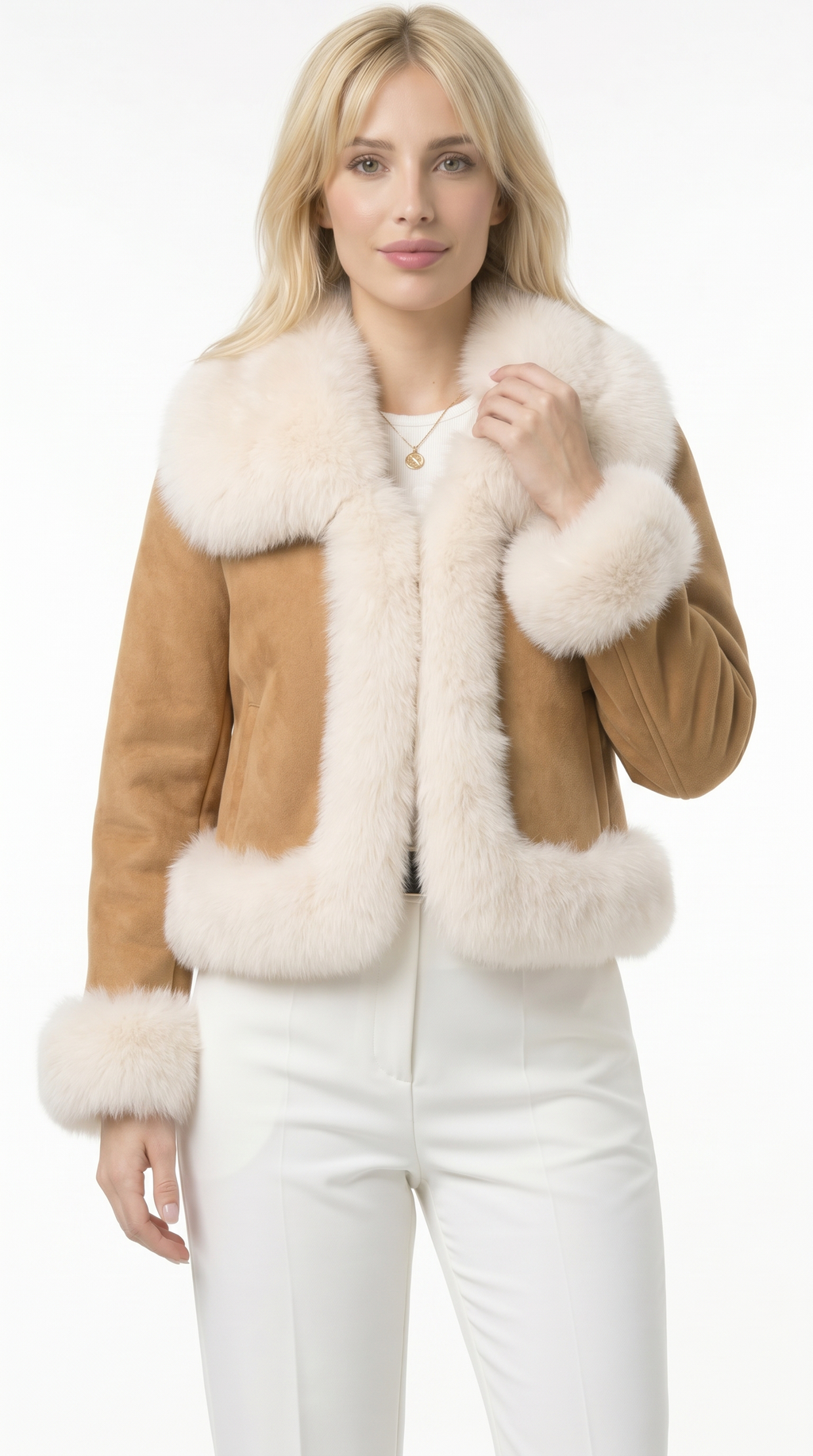 Woman wearing a tan shearling jacket with white fur trim on a white background from Meleche USA or Meléche (short as (Mé))