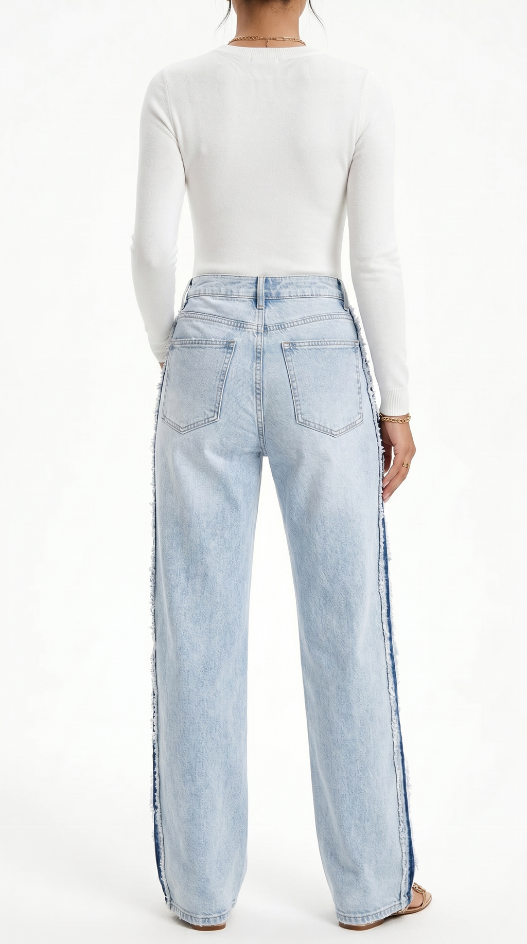 Light blue jeans with a white top on a white background, Straight-leg jeans from Meleche Fashion USA or Meléche (short as (Mé))