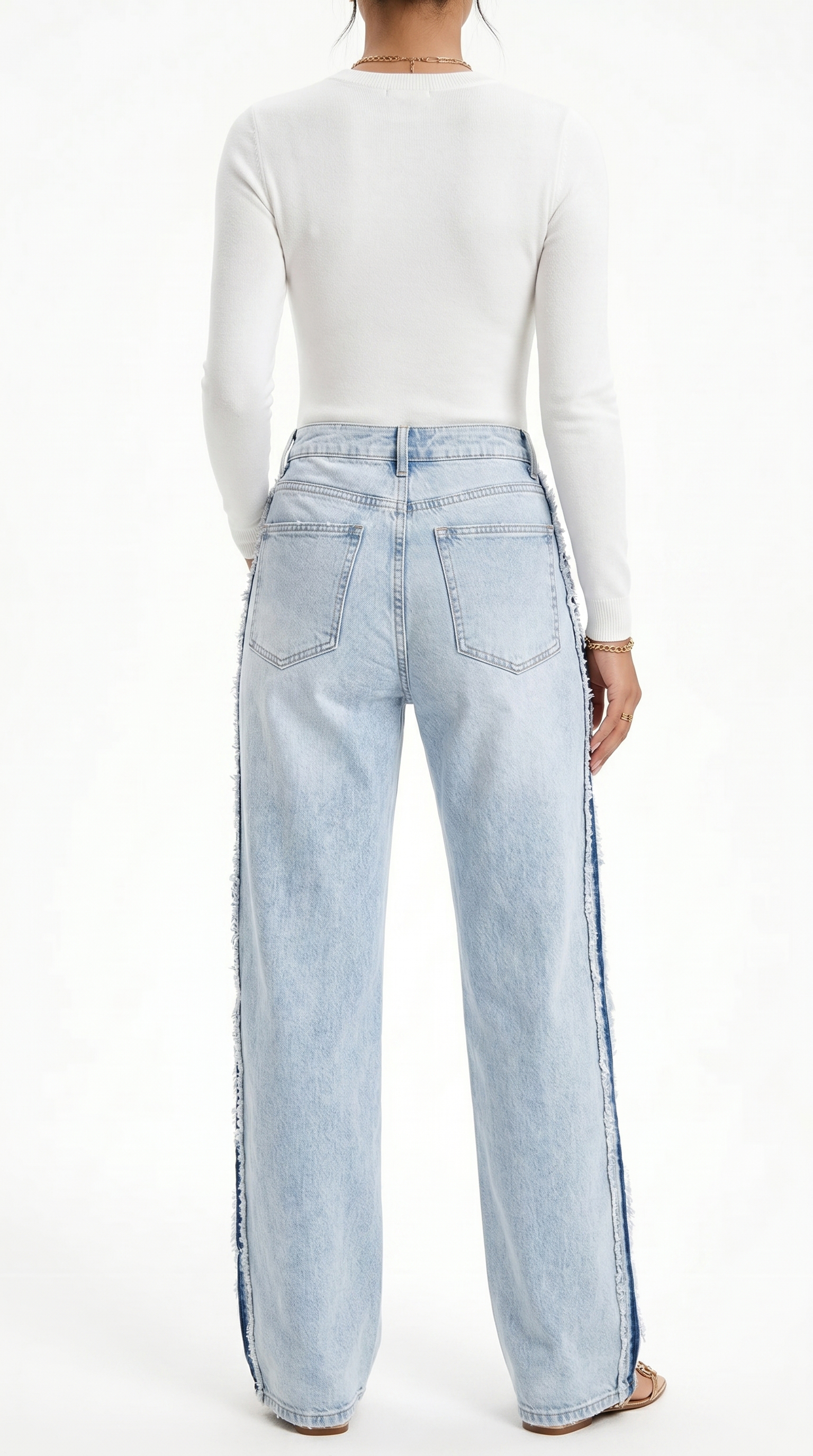 Light blue jeans with a white top on a white background, Straight-leg jeans from Meleche Fashion USA or Meléche (short as (Mé))