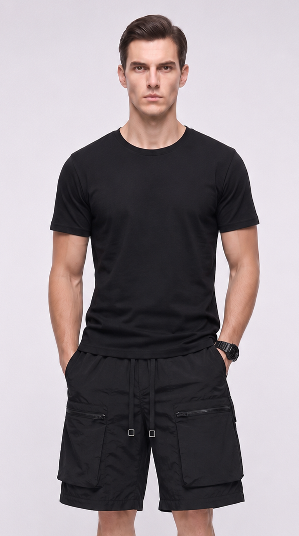 A man modeling a black short-sleeve crewneck t-shirt and black cargo shorts against a light gray studio background, from Meleche Fashion USA or Meléche (short as (Mé))