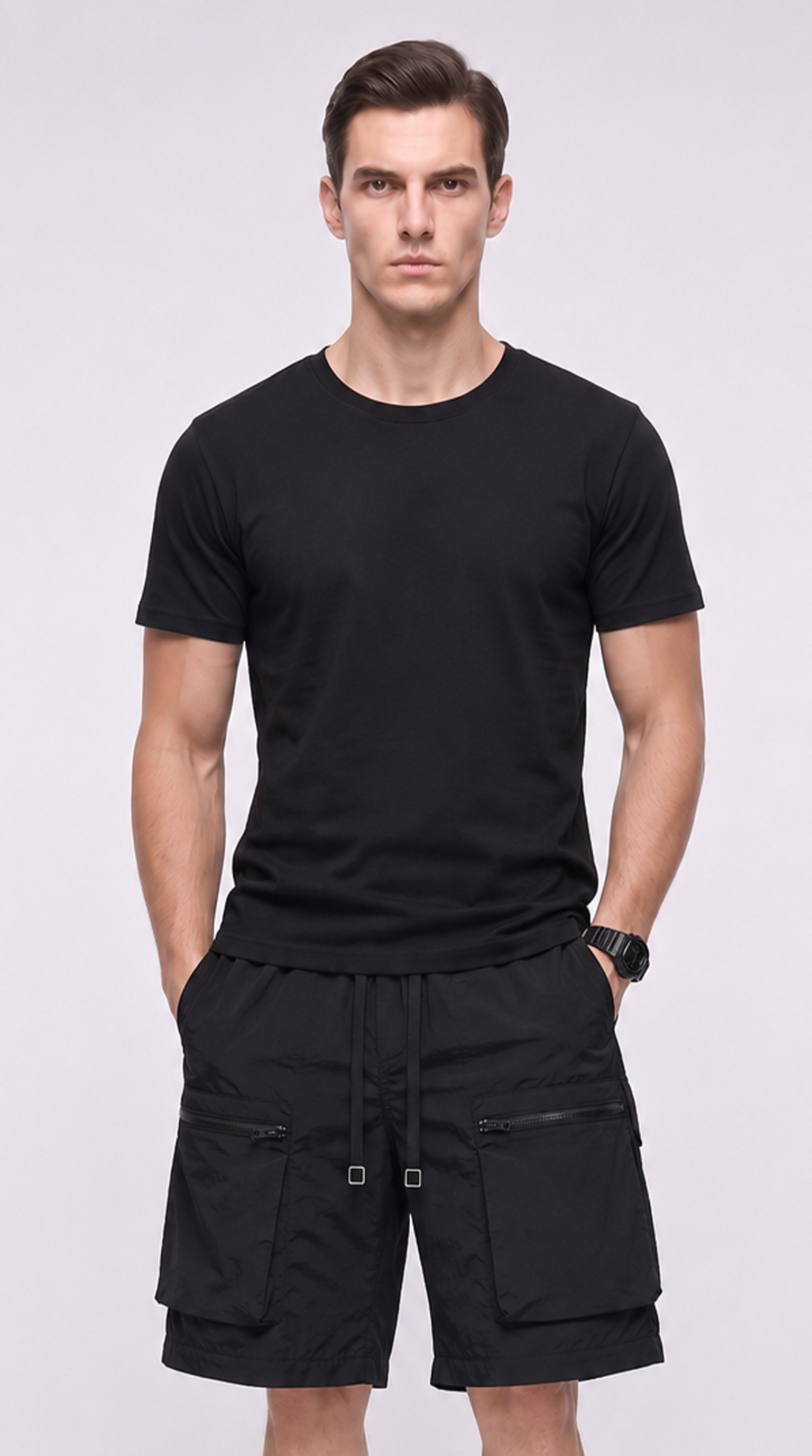 A man modeling a black short-sleeve crewneck t-shirt and black cargo shorts against a light gray studio background, from Meleche Fashion USA or Meléche (short as (Mé))