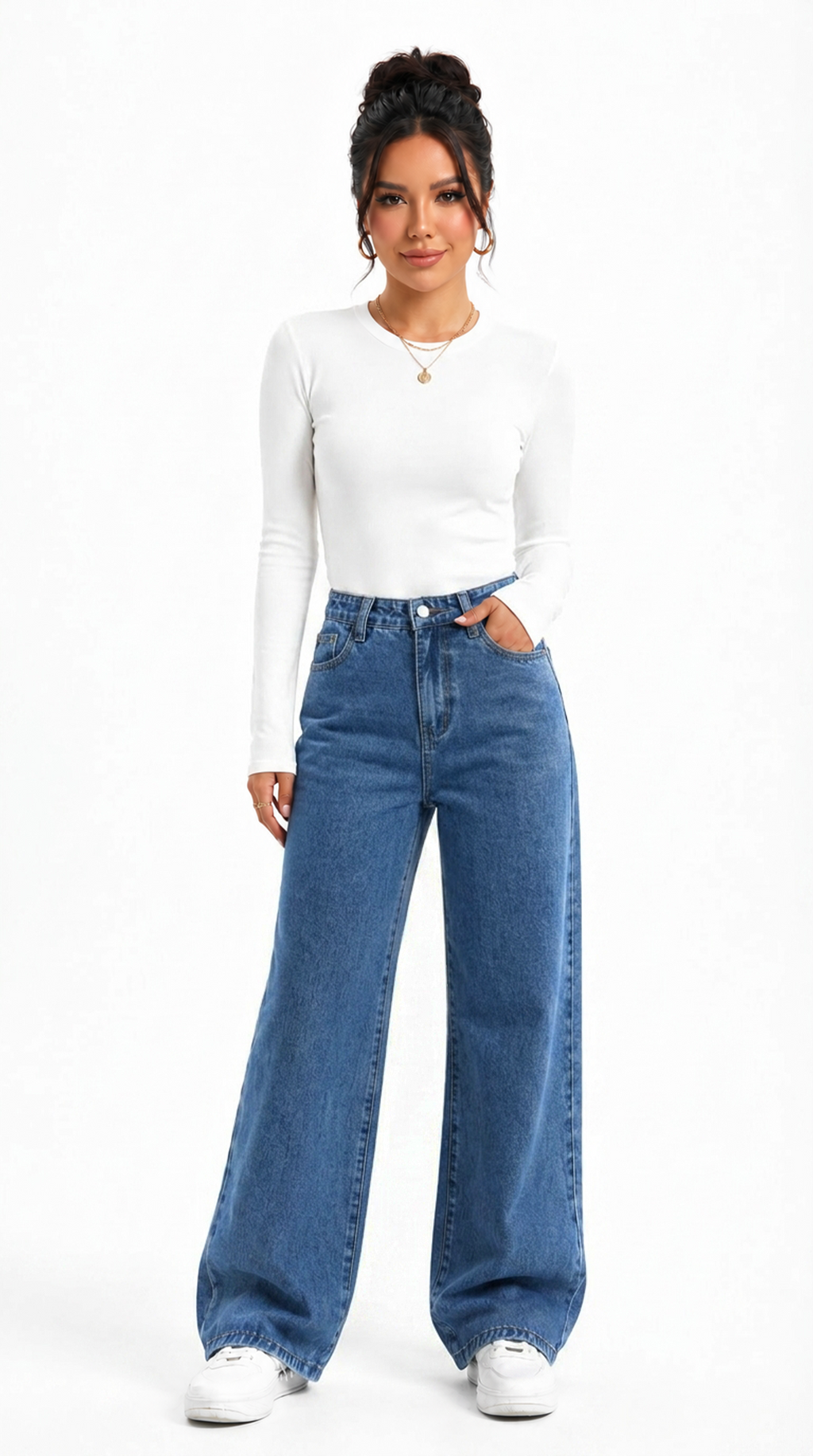 Woman wearing a white long-sleeve top and blue jeans on a white background, Cotton jeans from Meleche Fashion USA or Meléche (short as (Mé))