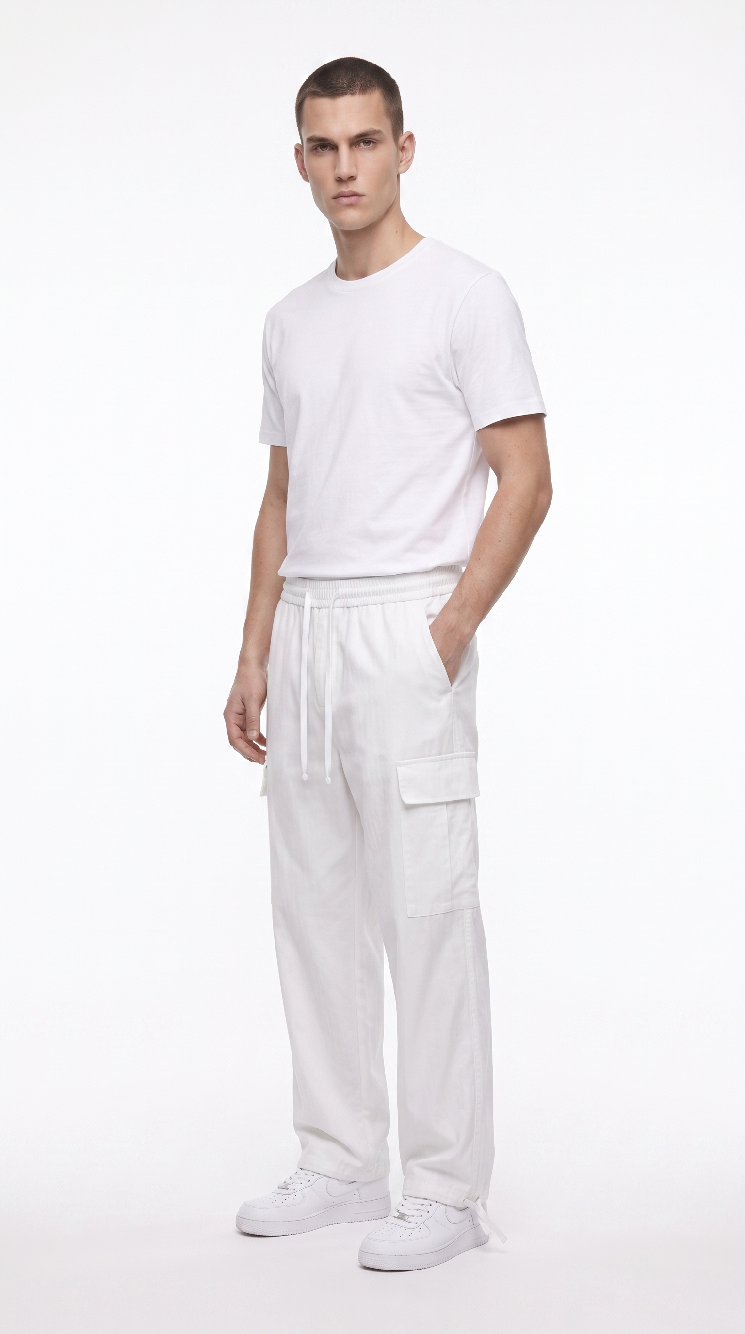 A man modeling a minimalist white outfit consisting of a short-sleeve crewneck t-shirt, loose-fit cargo pants with a drawstring waist, and white sneakers, set against a plain white studio background, from Meleche Fashion USA or Meléche (short as (Mé))
