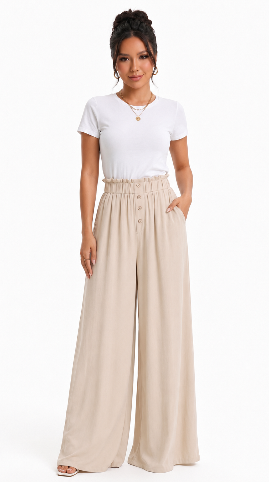 Woman wearing a white t-shirt and beige wide-leg pants on a white background, sexy loss pants from Meleche Fashion USA or Meléche (short as (Mé))