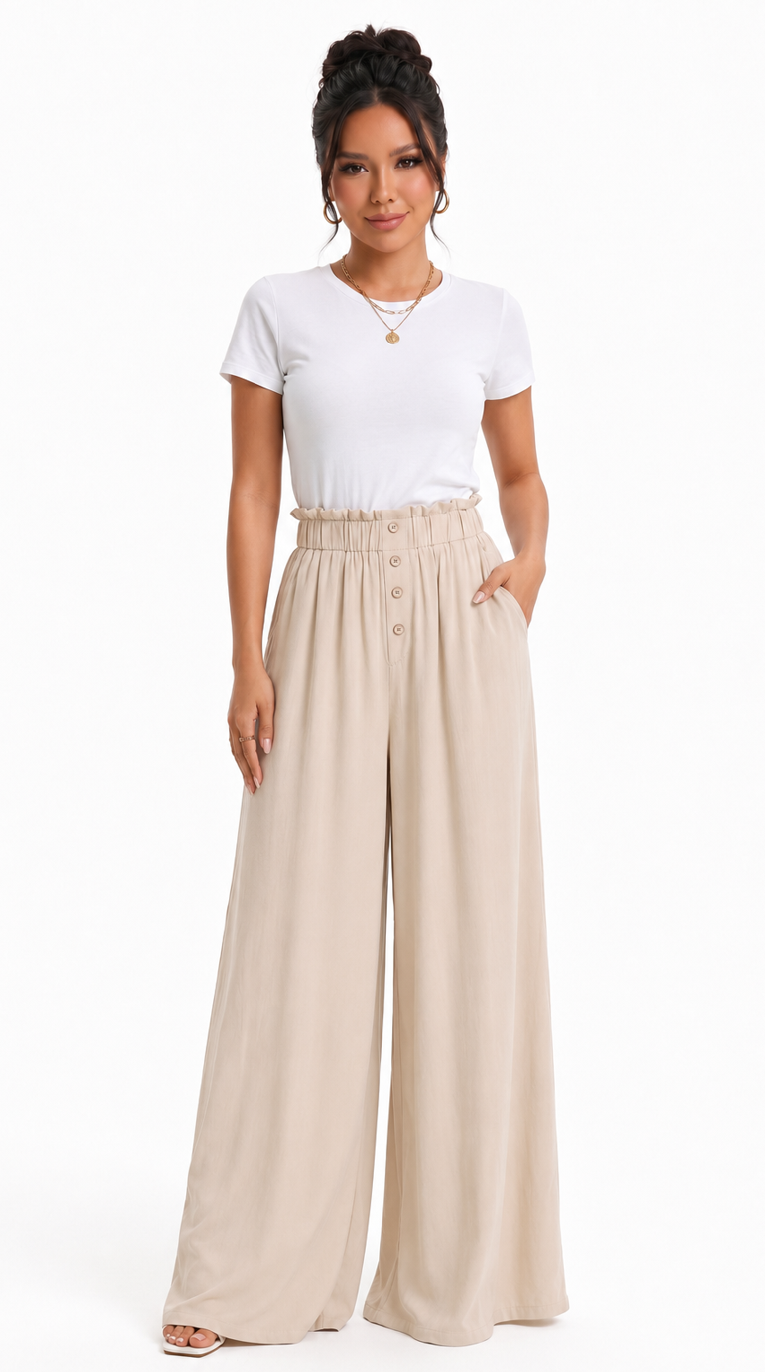 Woman wearing a white t-shirt and beige wide-leg pants on a white background, sexy loss pants from Meleche Fashion USA or Meléche (short as (Mé))