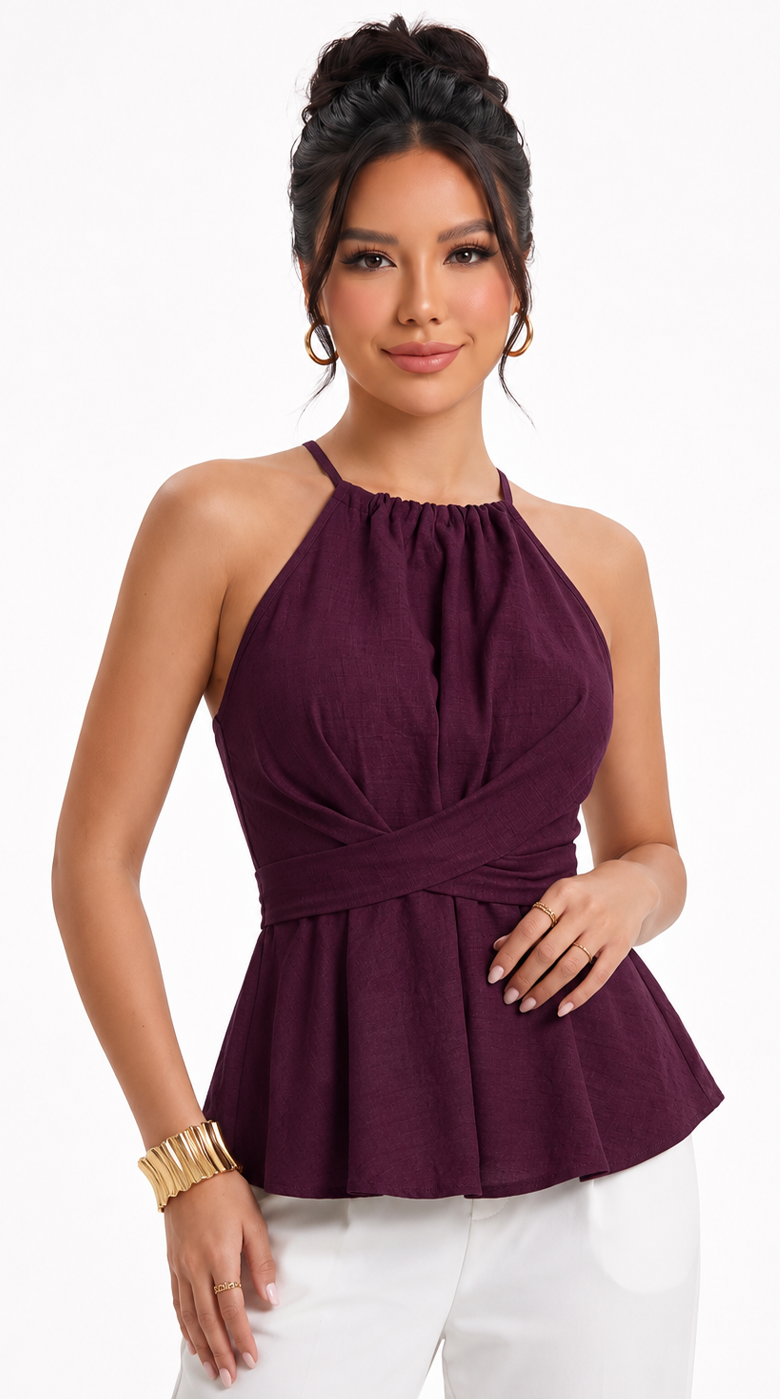 Girl wearing Maroon halter top dress on a white background, from Meleche Fashion USA or Meléche (short as (Mé))