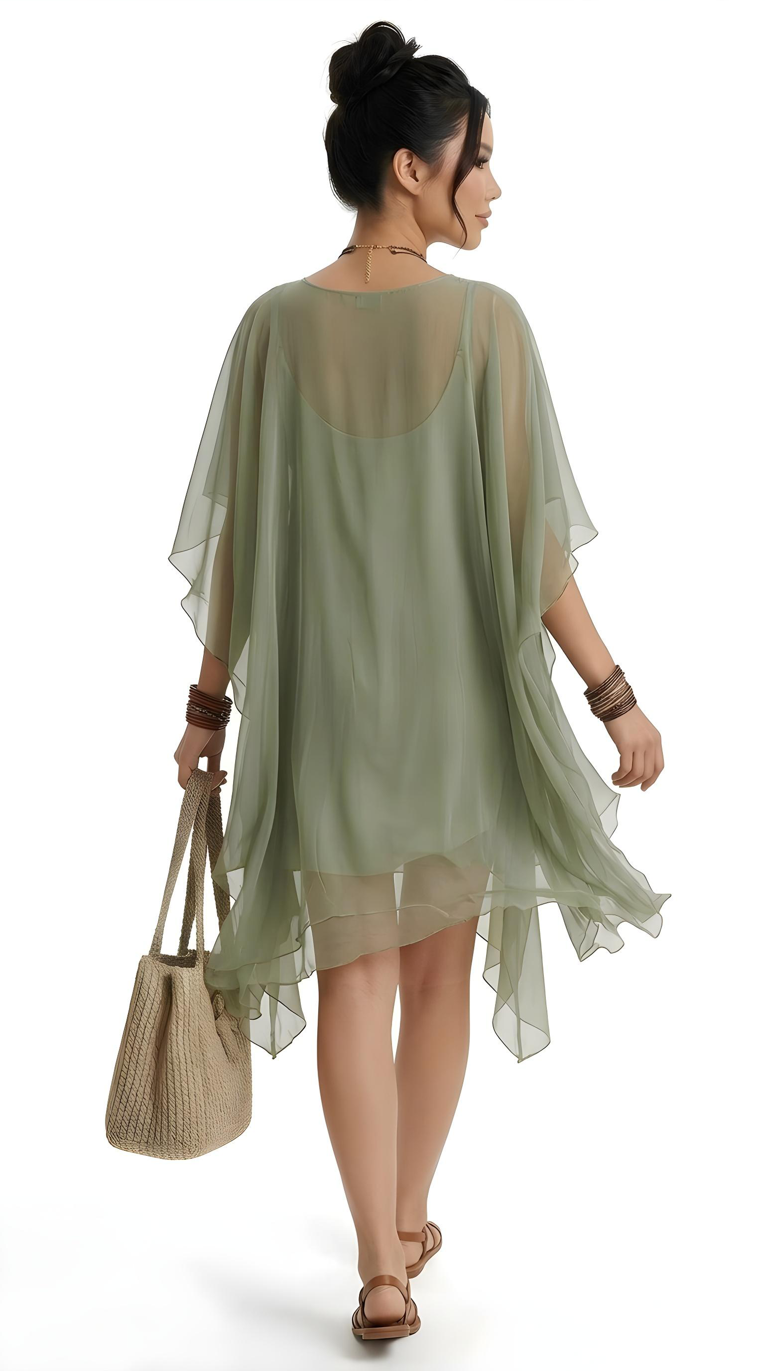 Woman wearing a light green sheer cover-up on a white background