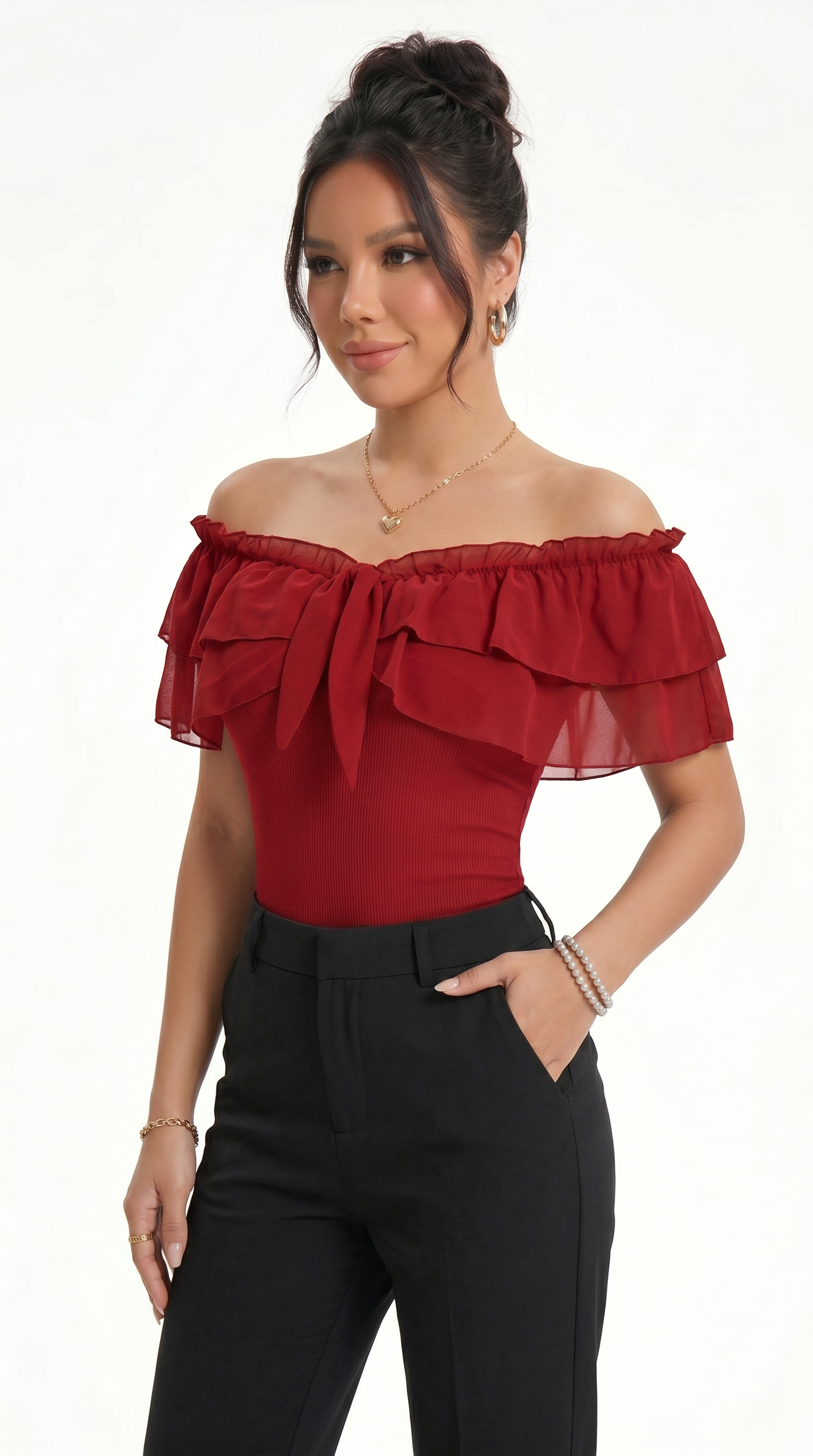 Woman wearing a red off-shoulder top with ruffles on a white background, from Meleche Fashion USA or Meléche (short as (Mé))