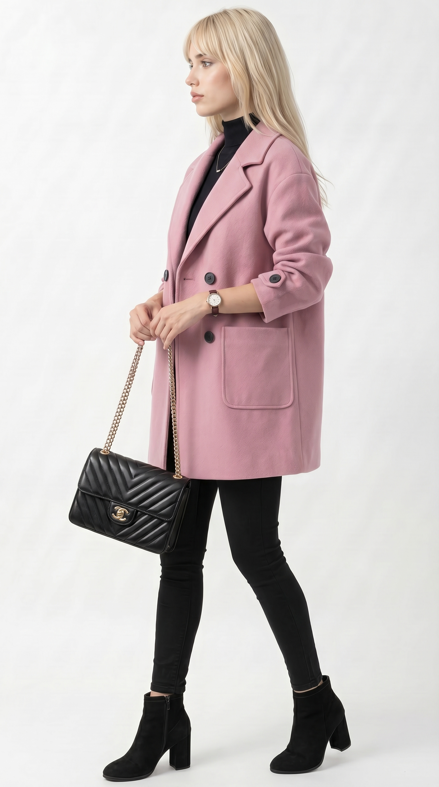 Woman wearing a pink coat holding a black handbag on a white background from Meleche or Meléche USA (short as (Mé))