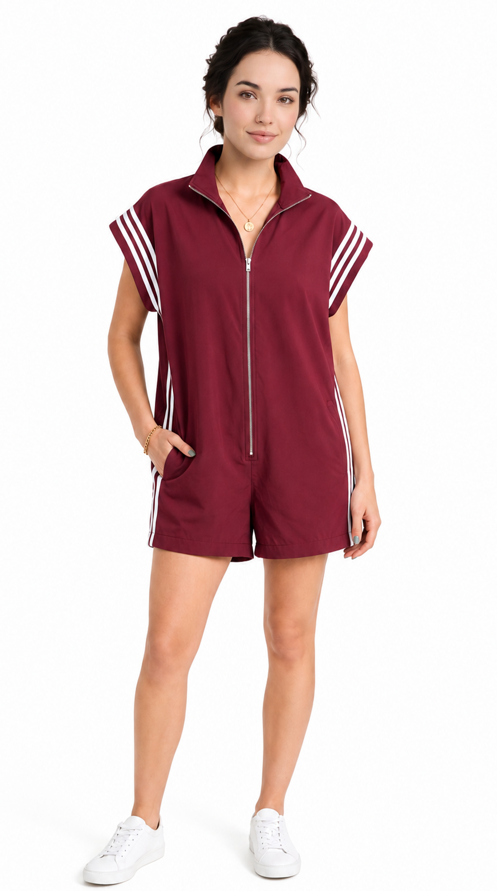 Woman wearing a maroon romper with white stripes on a white background, from Meleche Fashion USA or Meléche (short as (Mé))