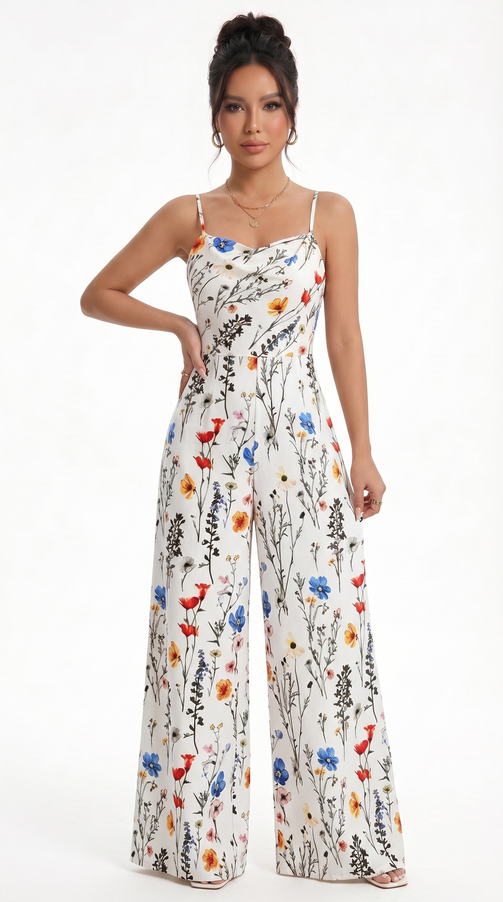 Woman wearing a floral jumpsuit on a white background, from Meleche Fashion USA or Meléche (short as (Mé))