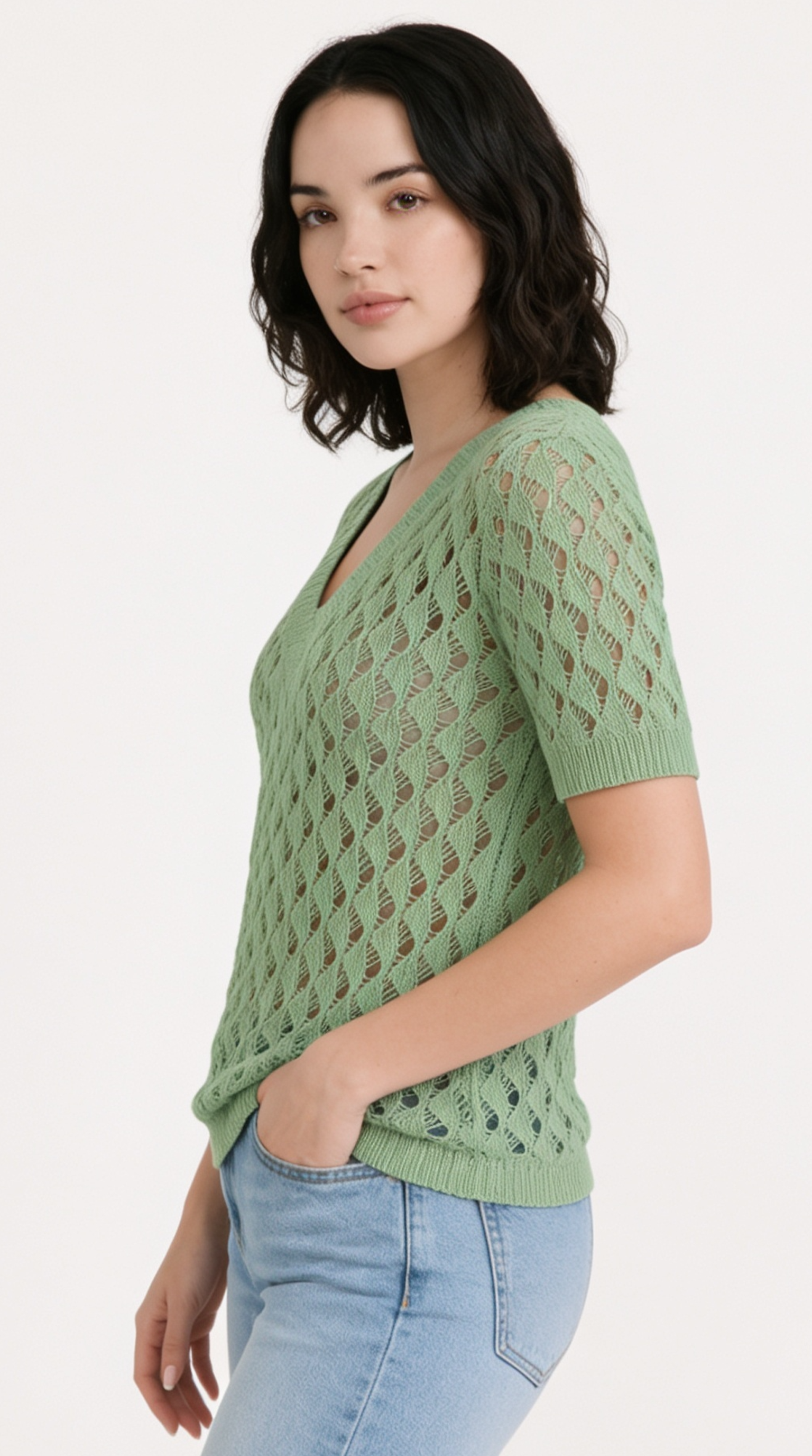 Woman wearing a green knitted sweater on a white background, from Meleche Fashion USA or Meléche (short as (Mé))