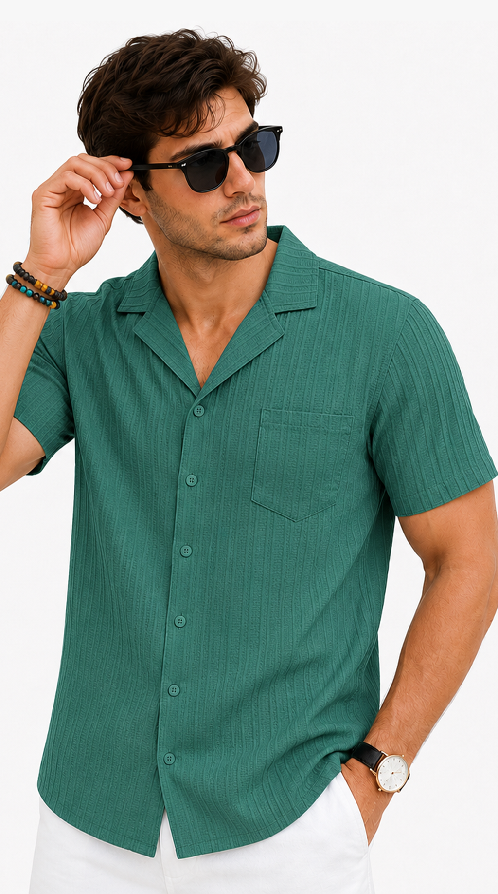 Man wearing a green short-sleeve shirt with a white background, Tristan shirt 2027 from Meleche Fashion USA or Meléche (short as (Mé))